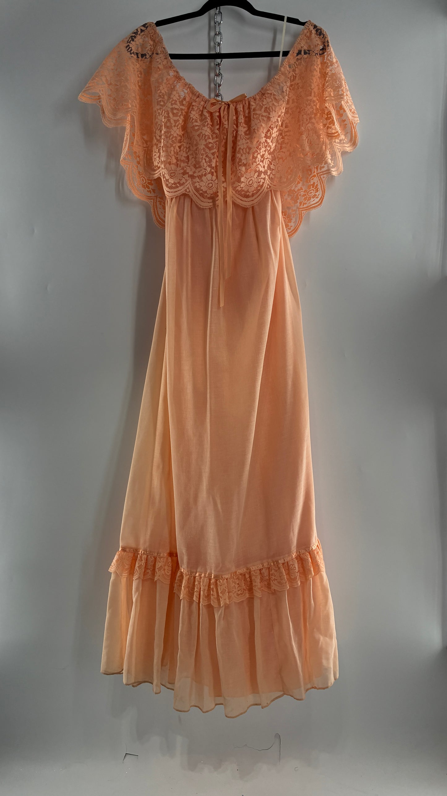 Vintage 1960s Ruffled Off the Shoulder Peach Full Length Voluminous Gown with Tie Back (9/10)
