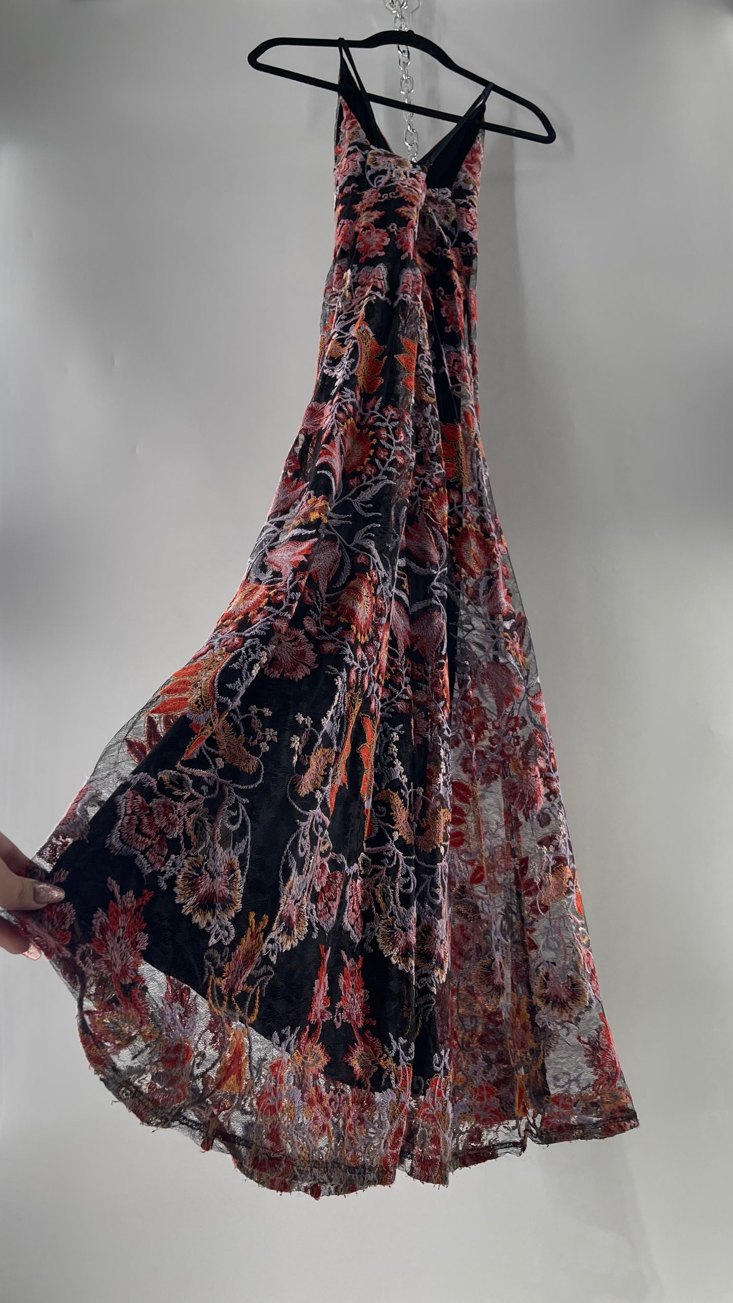 Free People Black Fall Toned Floral Embroidered Tule Sleeveless Maxi Dress (2)