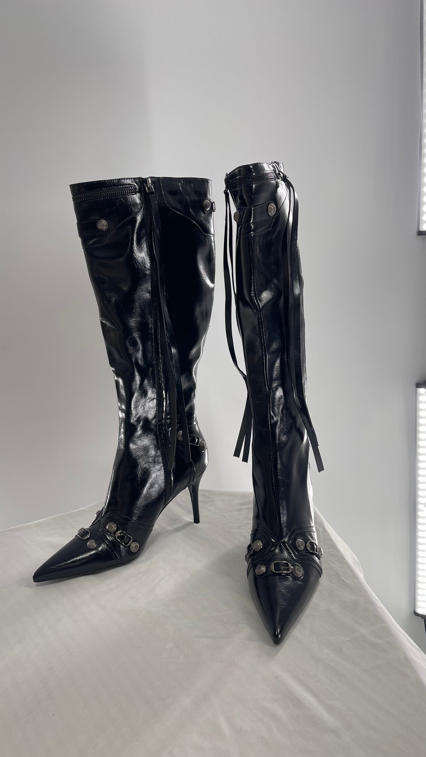 Black Pointed Toe Strappy Heeled Knee High Boots with Metal Hardware Details (10)