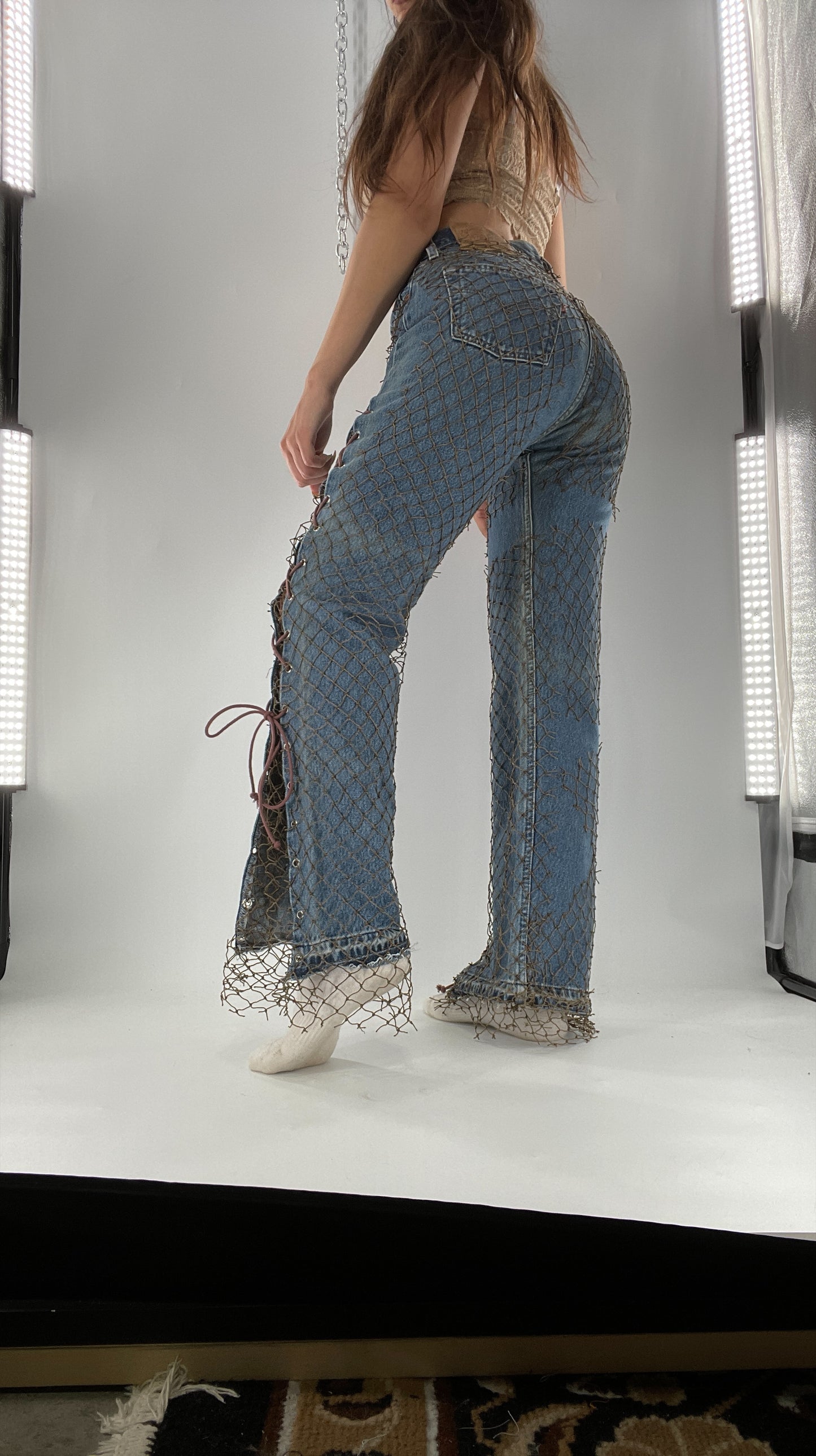 Custom - Fishnet Levi’s with Grommets and Lace Up Sides (Waist 29 Length 30) Fits Like a 26*