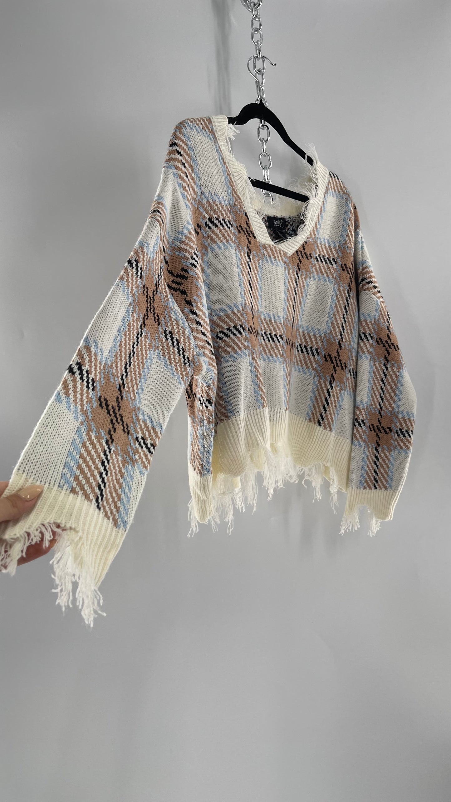 Fashion Nova Plaid Powder Blue/Tan Distressed Sweater