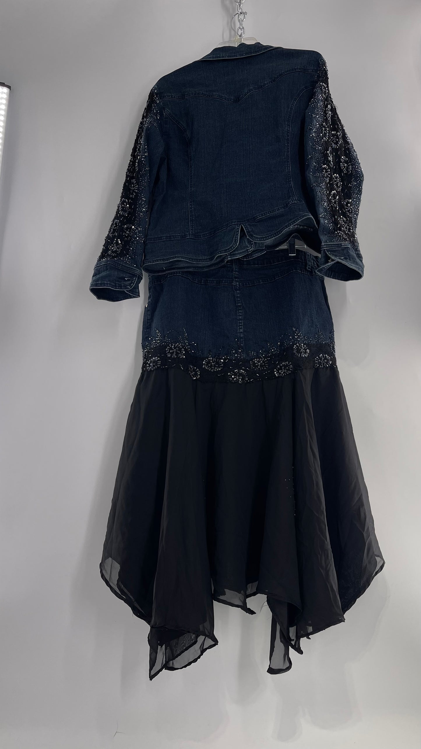 Vintage Ashley Stewart Denim Skirt and Button Up Set with Black Embroidered and Beaded Lace Details + Handkerchief Skirt (16W)