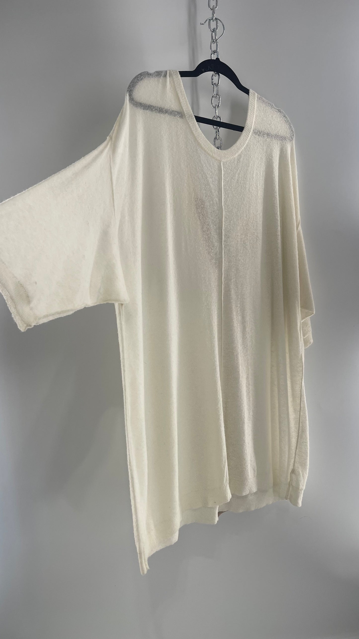 Free People Off White Thin Knit Cozy Sweater Dress with Open Back and Dusty Rose Ribbon (L)