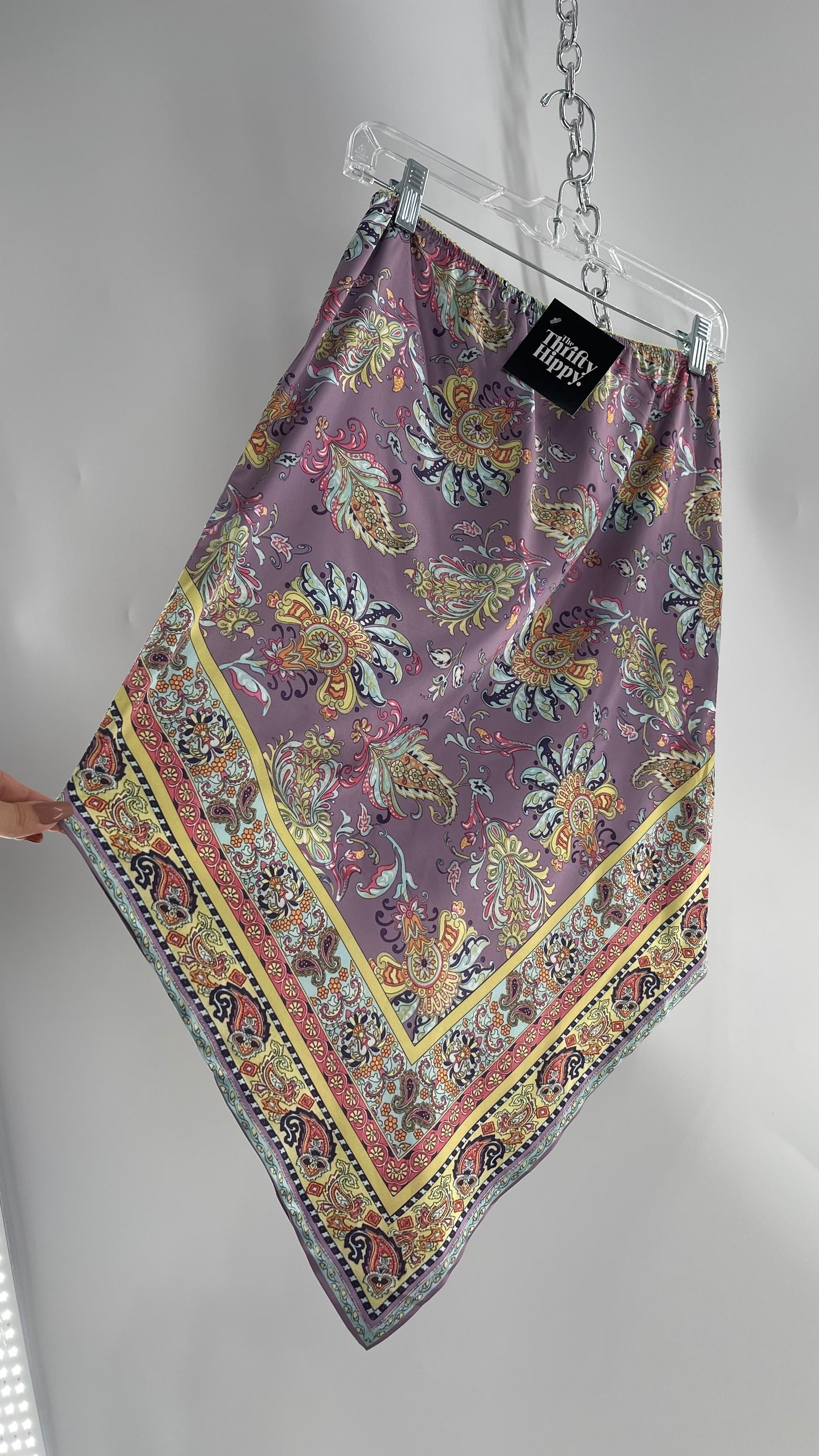 Urban Outfitters Lavender Satin Paisley Handkerchief Hem Skirt with Light Green Ribbon Waistline (Small)