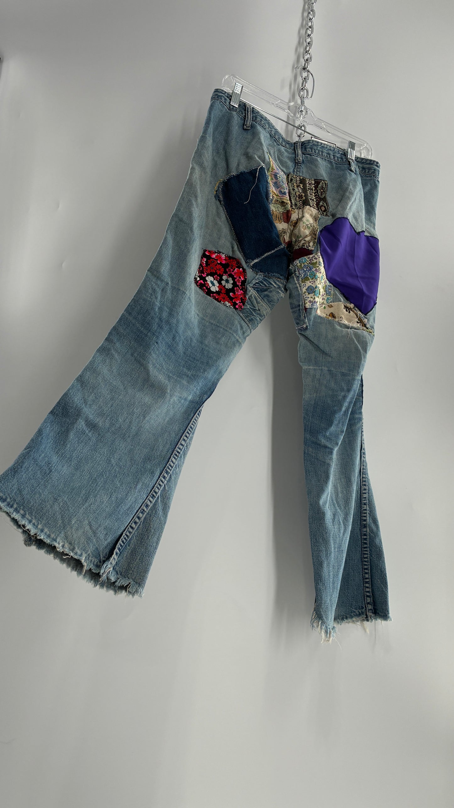Vintage Rare 1970s Light Wash, Low Rise Boot Cut Jeans with Hand Stitched Tapestry Style Patches and Purple Heart on Bum (Measurements Below)