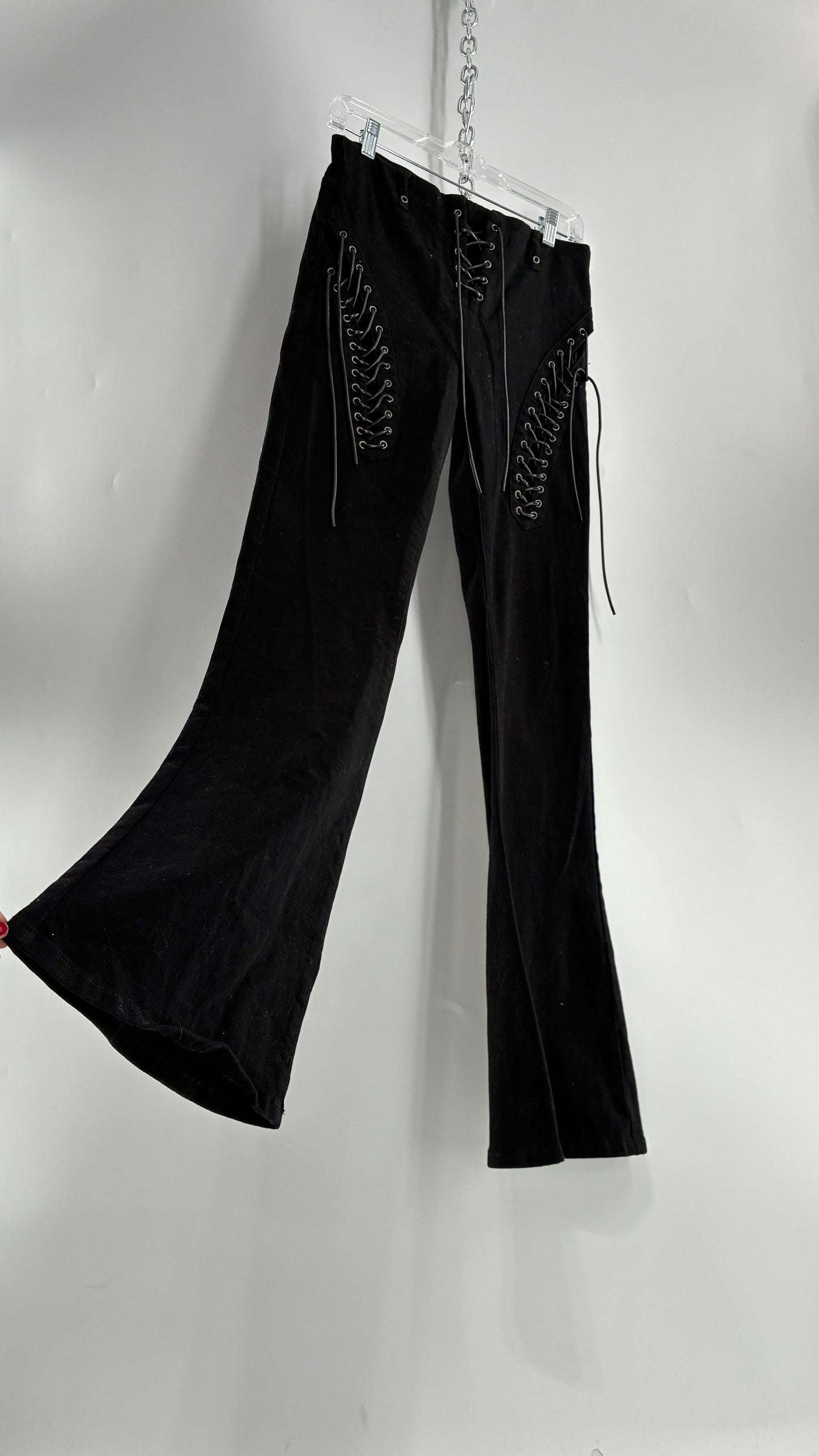 Edikted Black Denim Flares with Open Side Tie Up Details (Medium)