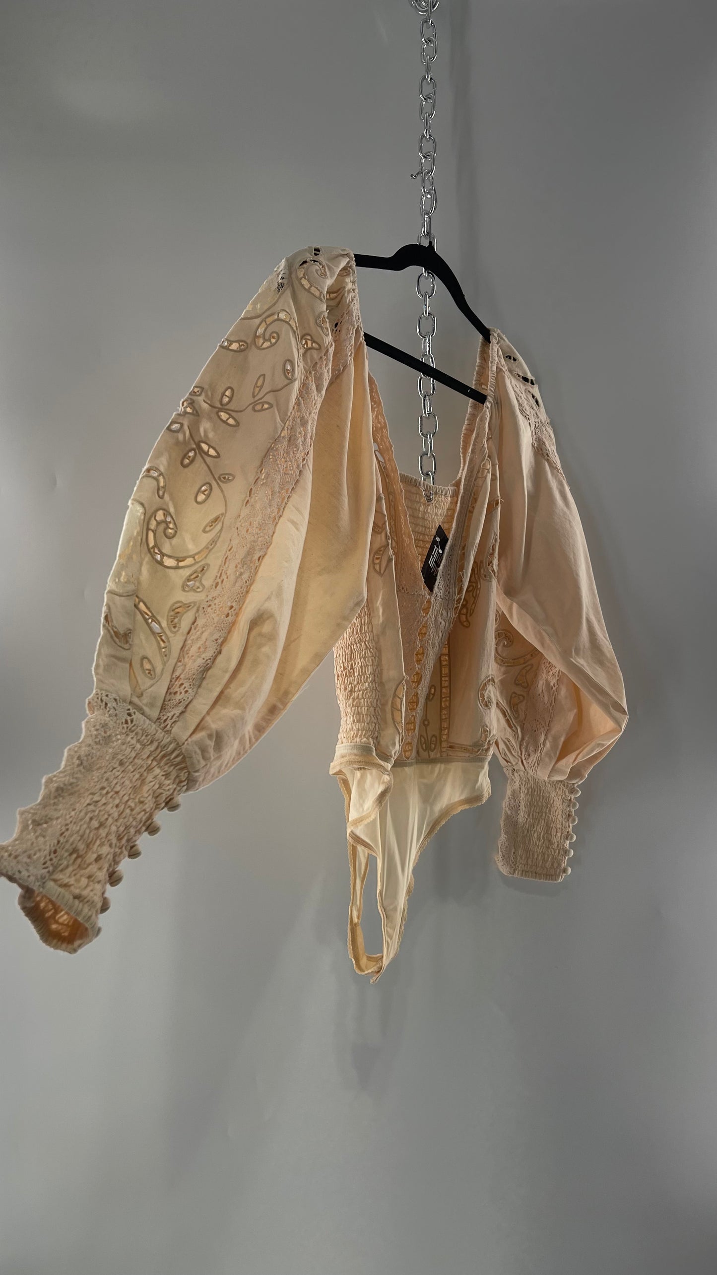 Free People Off White Cotton Bodysuit with Embroidered Lace Balloon Bishop Sleeve and Smocked, Buttoned Cuffs (Large)