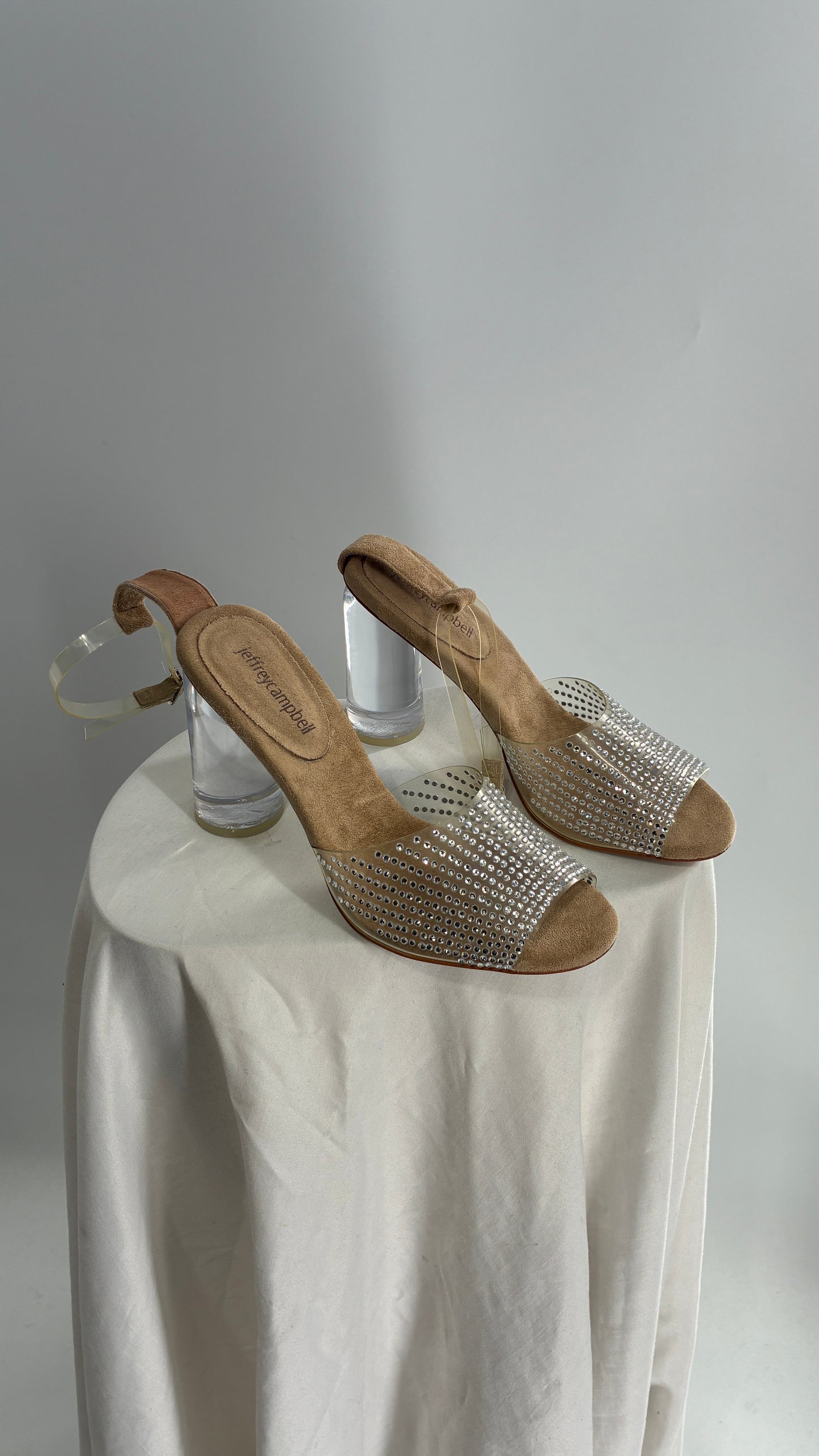 JEFFREY CAMPBELL Lucite Heel Suede Sole, Clear Strap Rhinestone Heel (8)