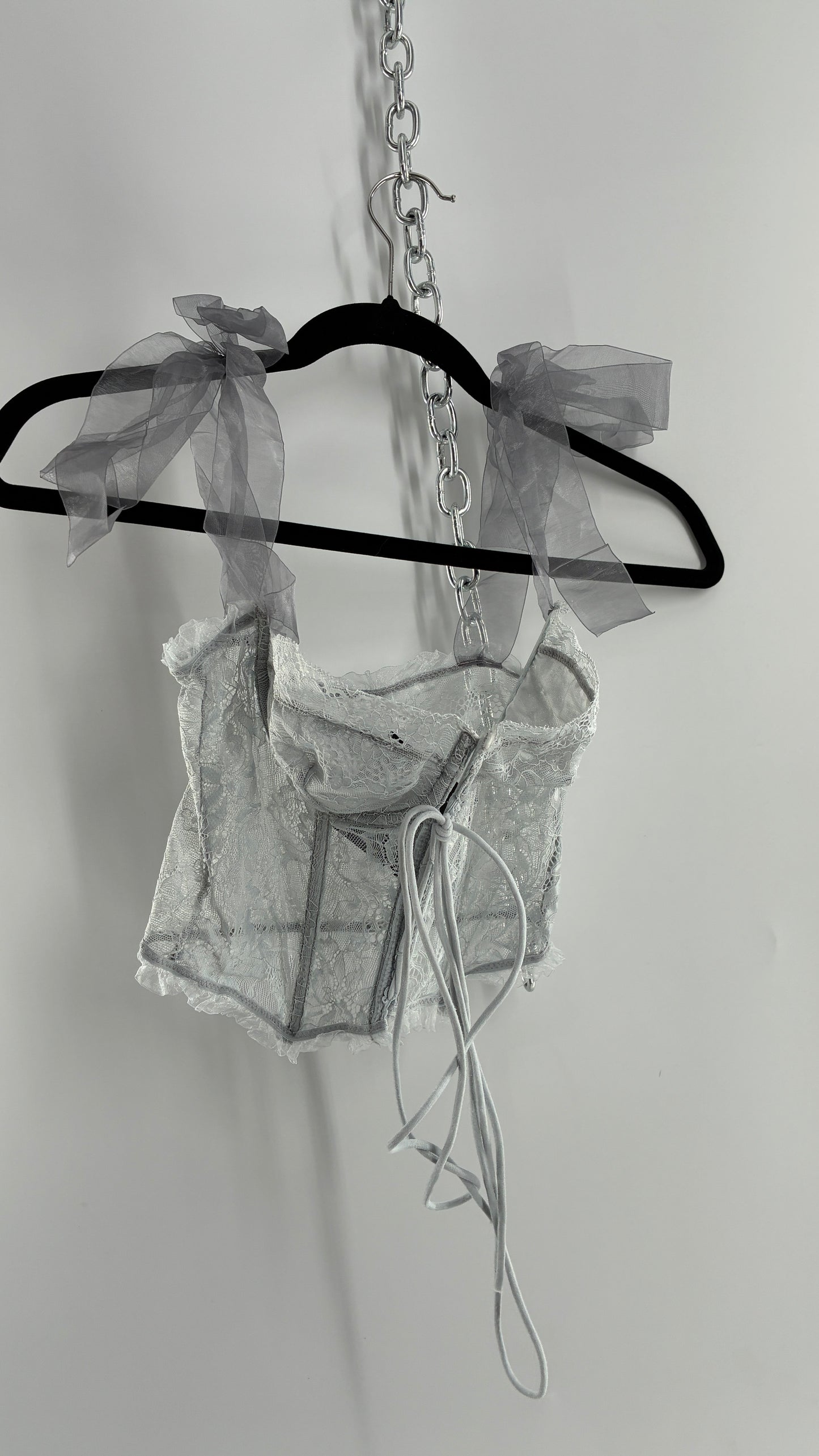 Vintage Light Grey Pointed Hem Lace Corset with Shoulder Bows (XS)
