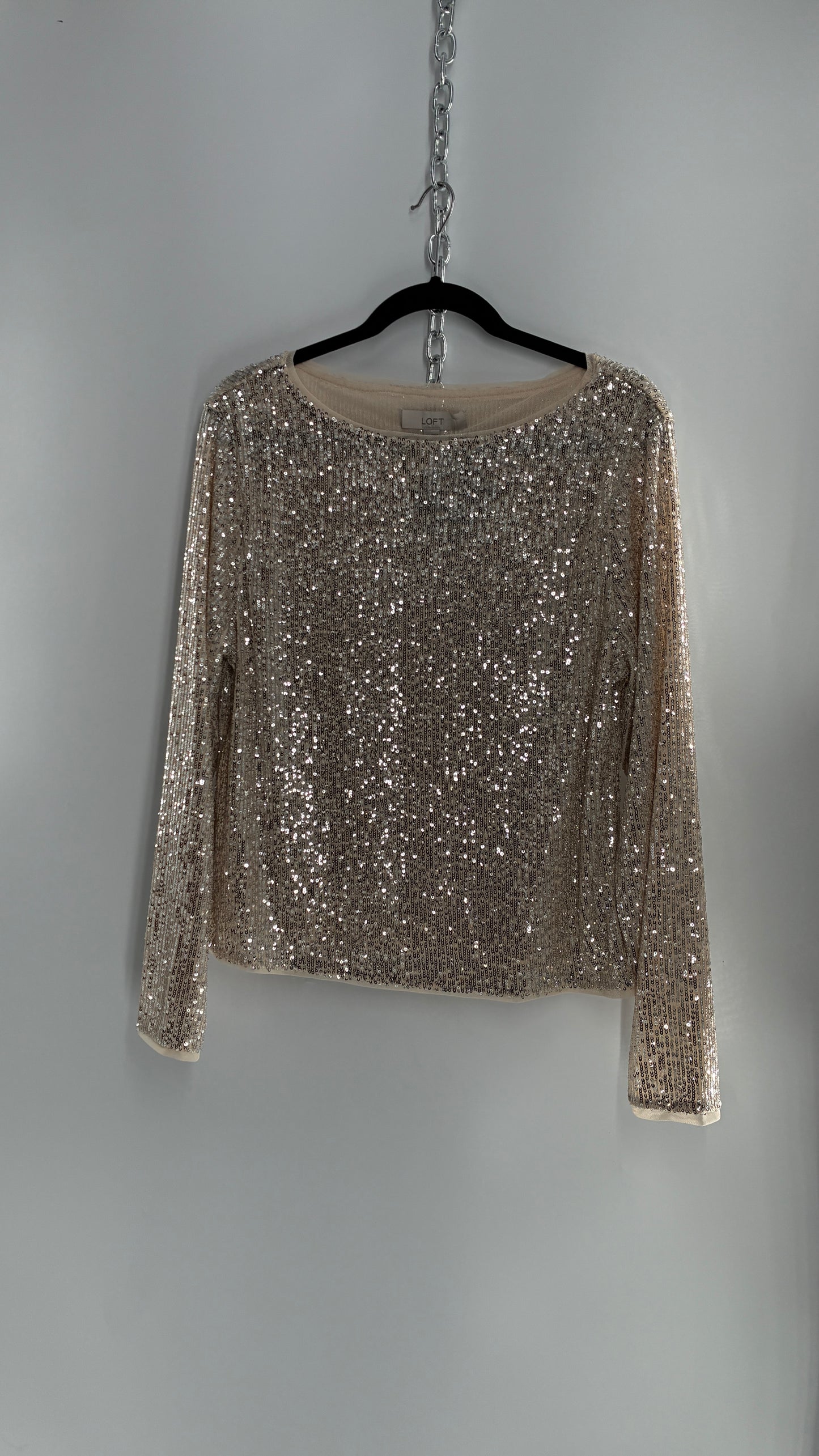 LOFT LOFT Champagne Sequin Long Sleeve Blouse with Tags Attached (XL)