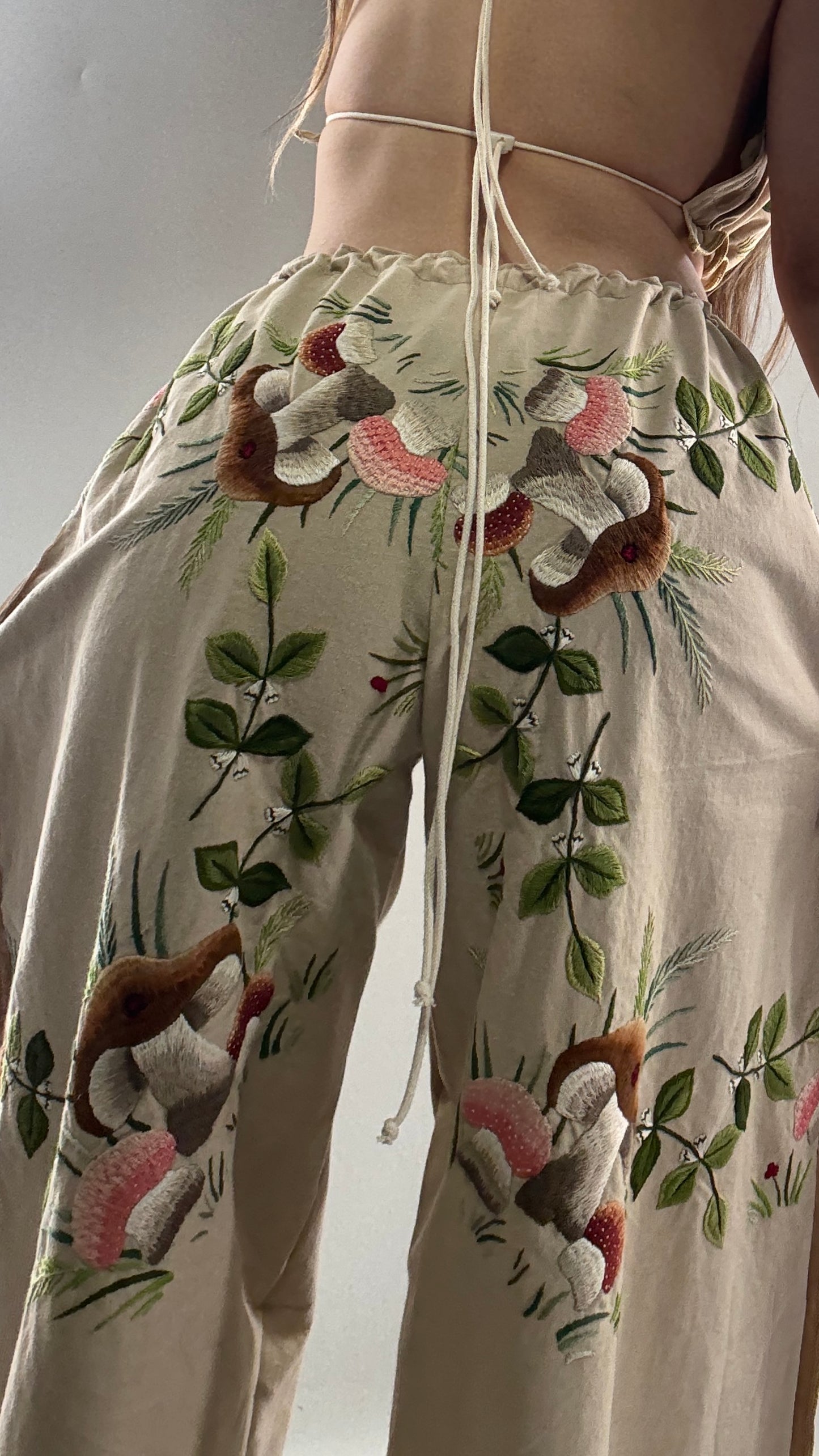 Vintage Custom Handmade and Hand Embroidered Two Piece Set with Mushrooms, Vines, and Ladybugs (XS-L)