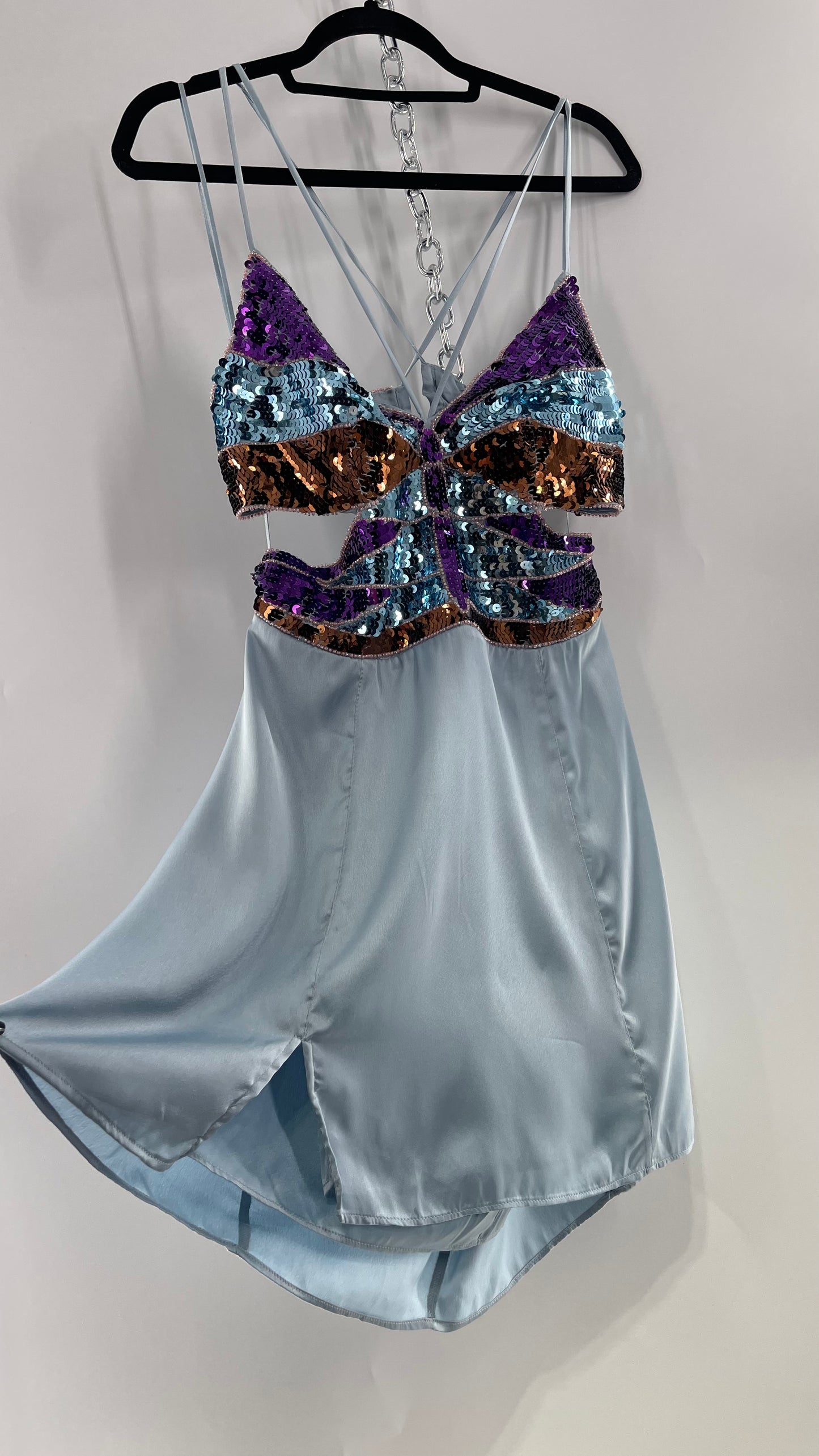 Urban Outfitters Light Blue Satin Butterfly Sequin Size L