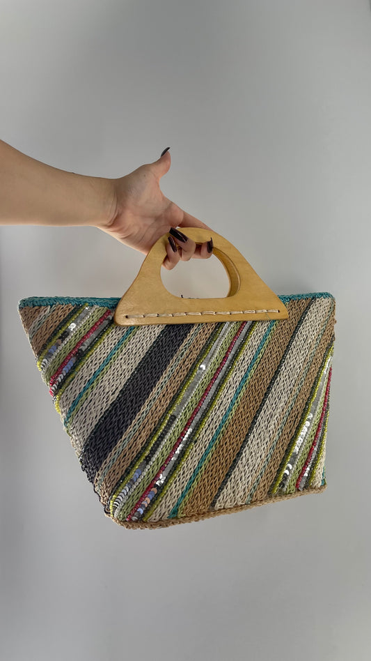 Vintage Woven Straw Purse with Sequins and Beaded Details