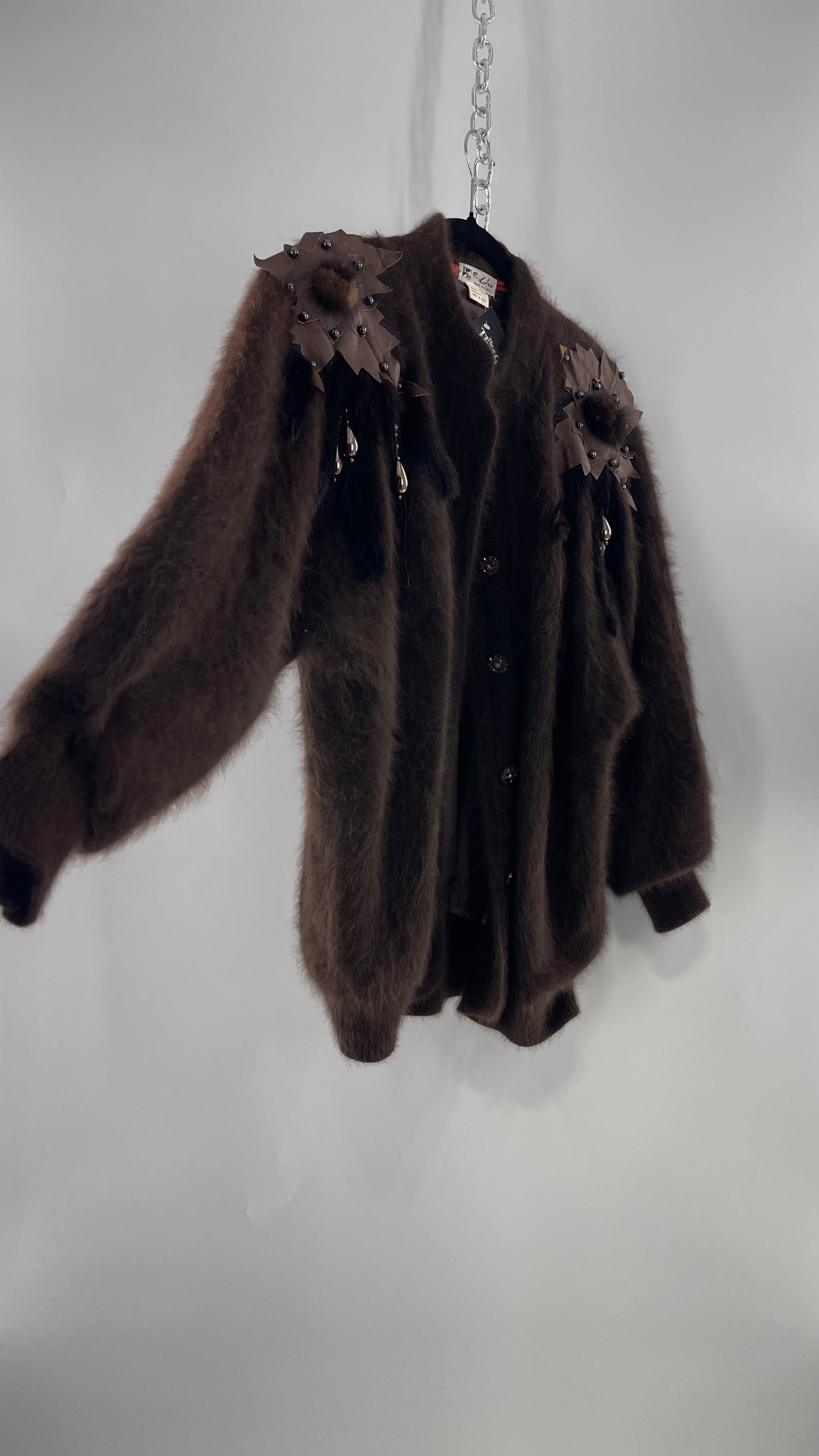 Liho Korean Vintage Brown Cardigan with Leather, Fur and Beaded Detailing 15% Wool 75% Angora  (C)(Medium)