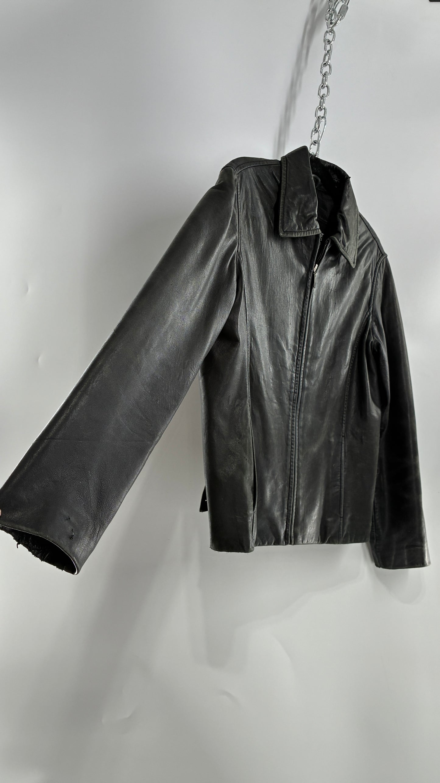 Vintage WINLIT New York Black Leather Collared Zip Front Paneled Jacket (Large)