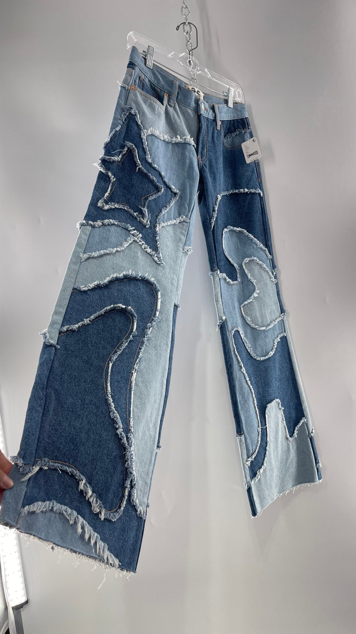 Free People Multi Denim Toned Wavy Patched Jeans (25) ***WITH TAGS***