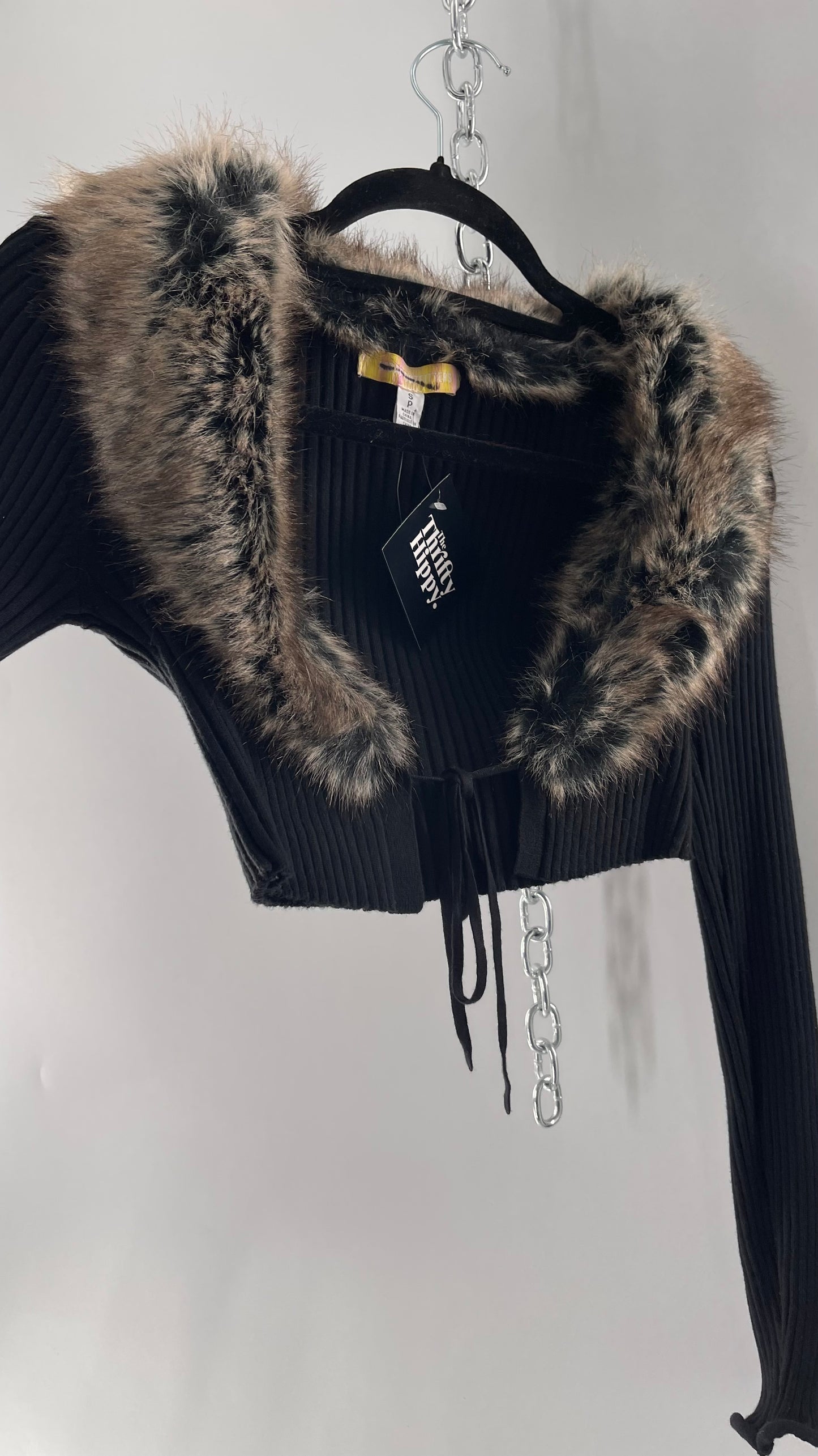 Urban Outfitters Black Knit Cardigan Izzy Ribbed Shrug with Faux Fur Collar (S)