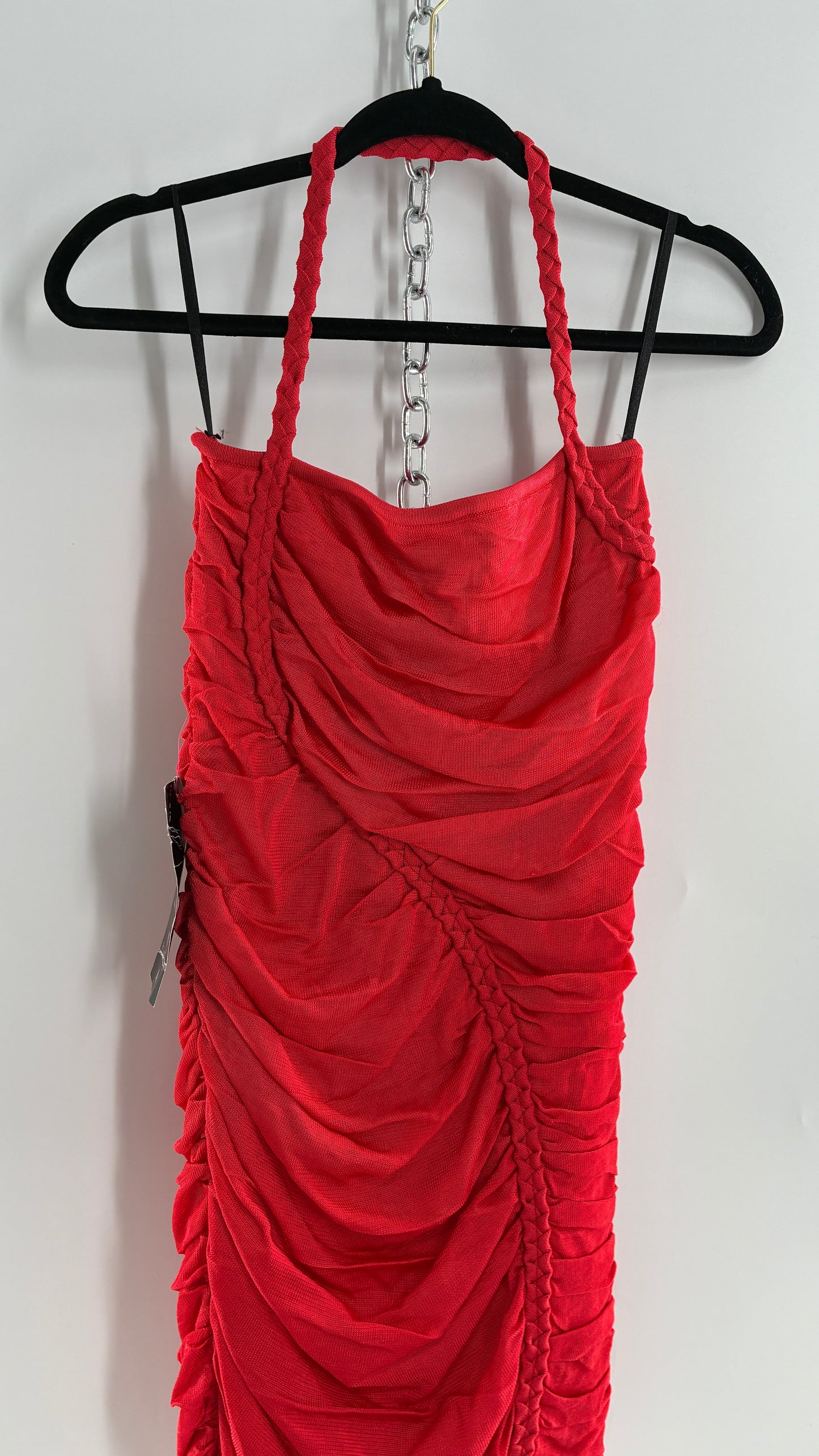 Deadstock Vintage BEBE Red Heavy/Thick Ruched and Roped Mini Dress (Medium)