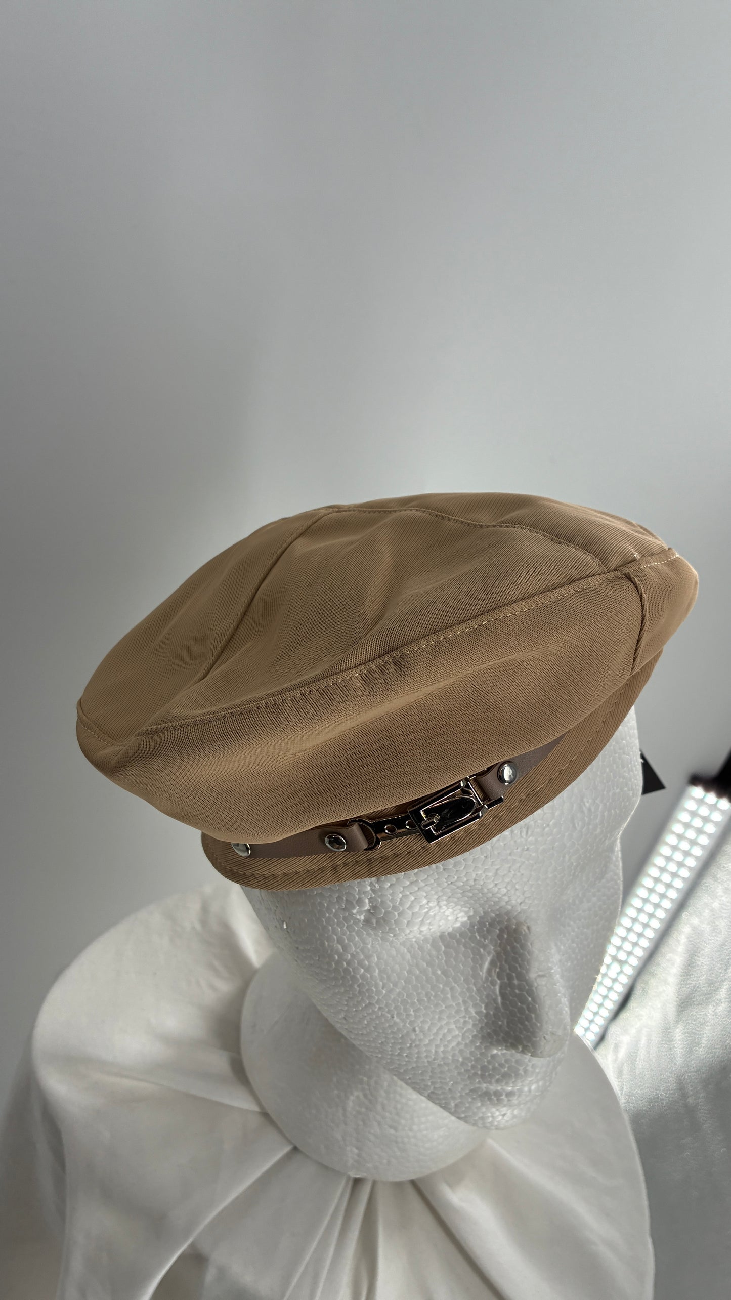 Tan Beret with Vegan Leather Strap and Silver Metal Hardware
