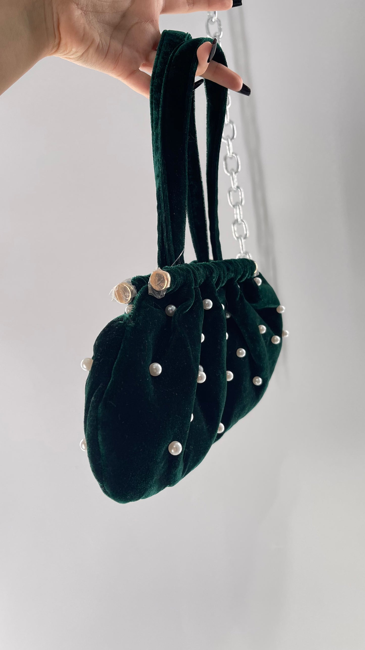 Vintage Deep Green Velvet Purse Covered in Pearls, and Featuring Gold Metal Closure Still Lined in Protective Plastic