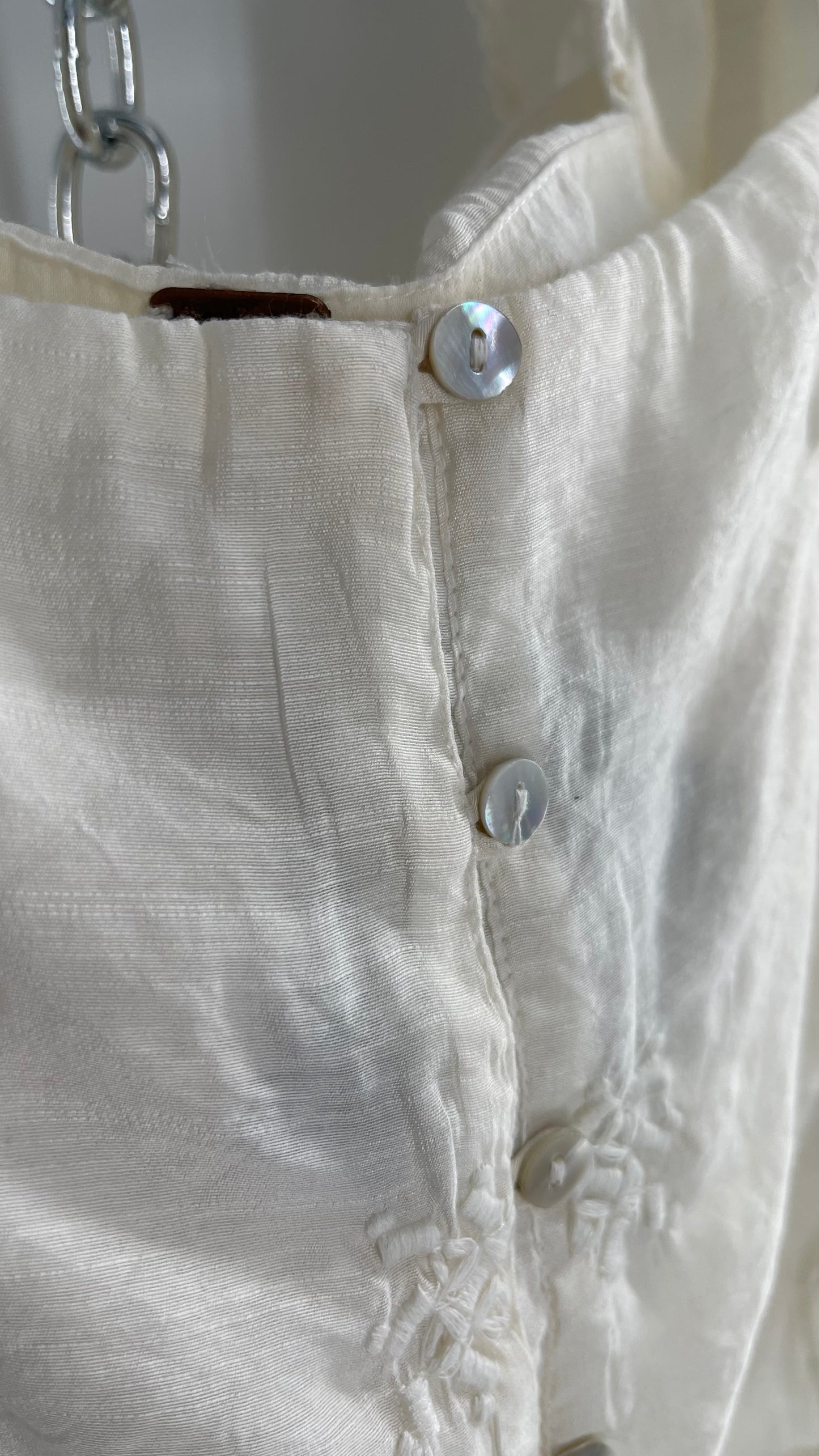 Free People White Cotton Bubble Sleeve Blouse with Embroidered Details (Medium)