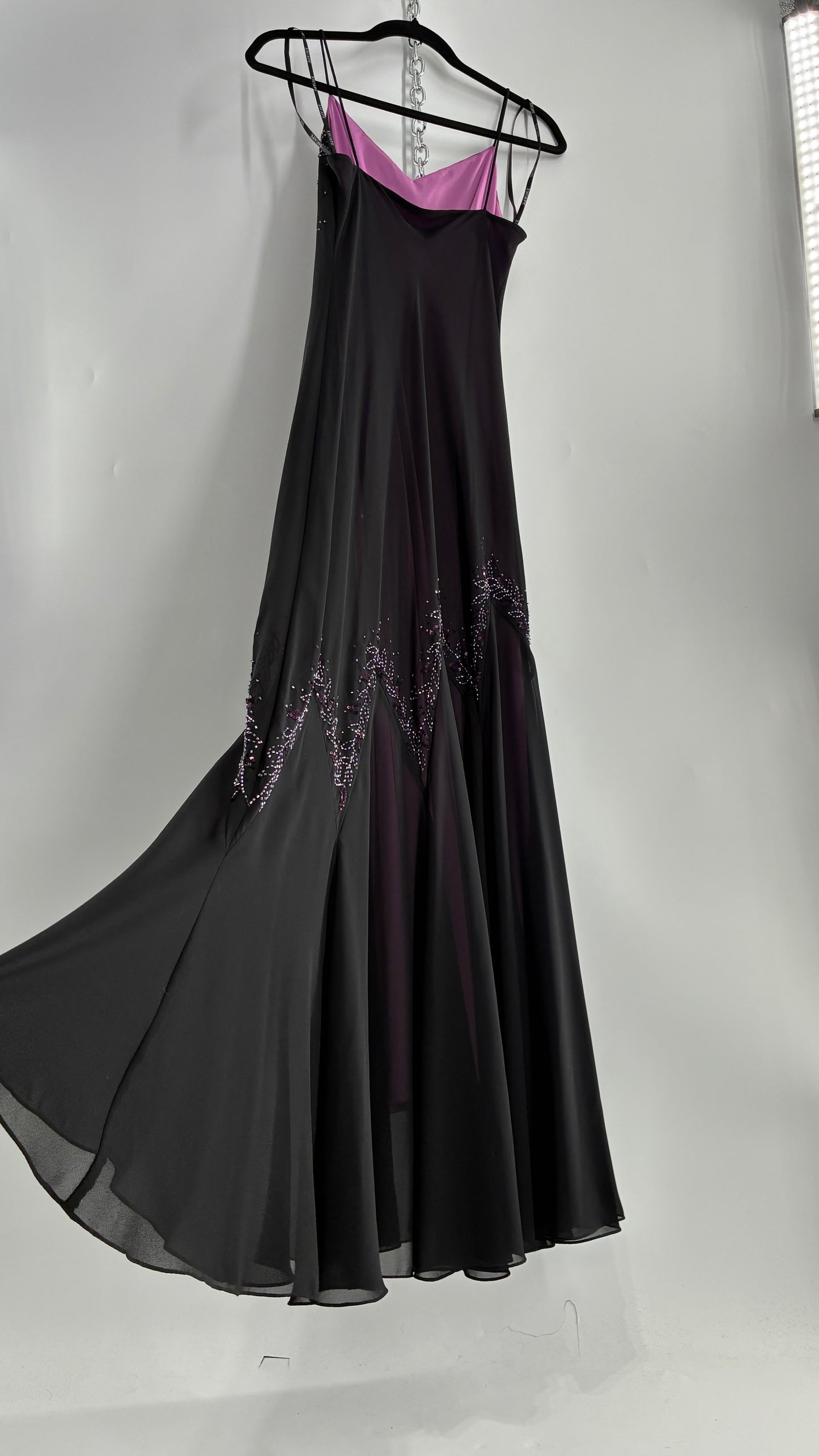 Vintage XSCAPE Full Length Black Beaded Gown with Purple Underlay (4)