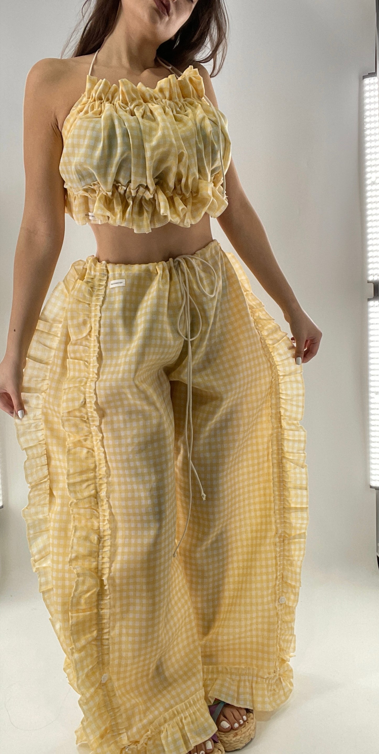 Vintage 2 Piece Yellow Checkered/Gingham Patterned Picnic Set with Ruched Bust Top and Ruffle Side Wide Legs with Adjustable Length, Strap Up Buttons on Hem (One Size)