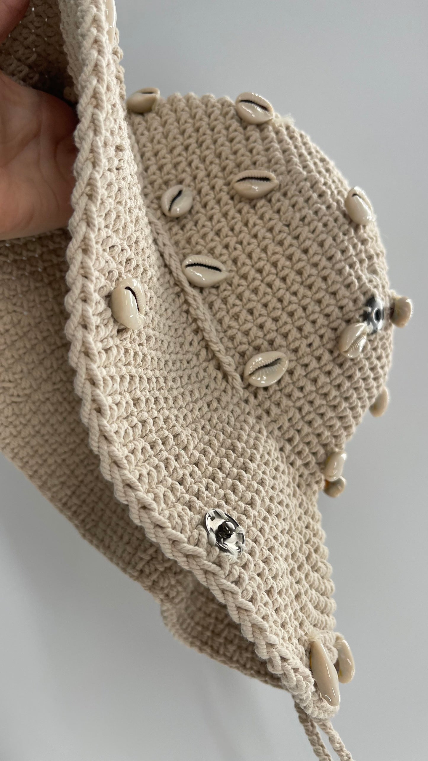 Heavy Knit Crochet Off White Sun Hat with Sewn On Shells and Button Sides