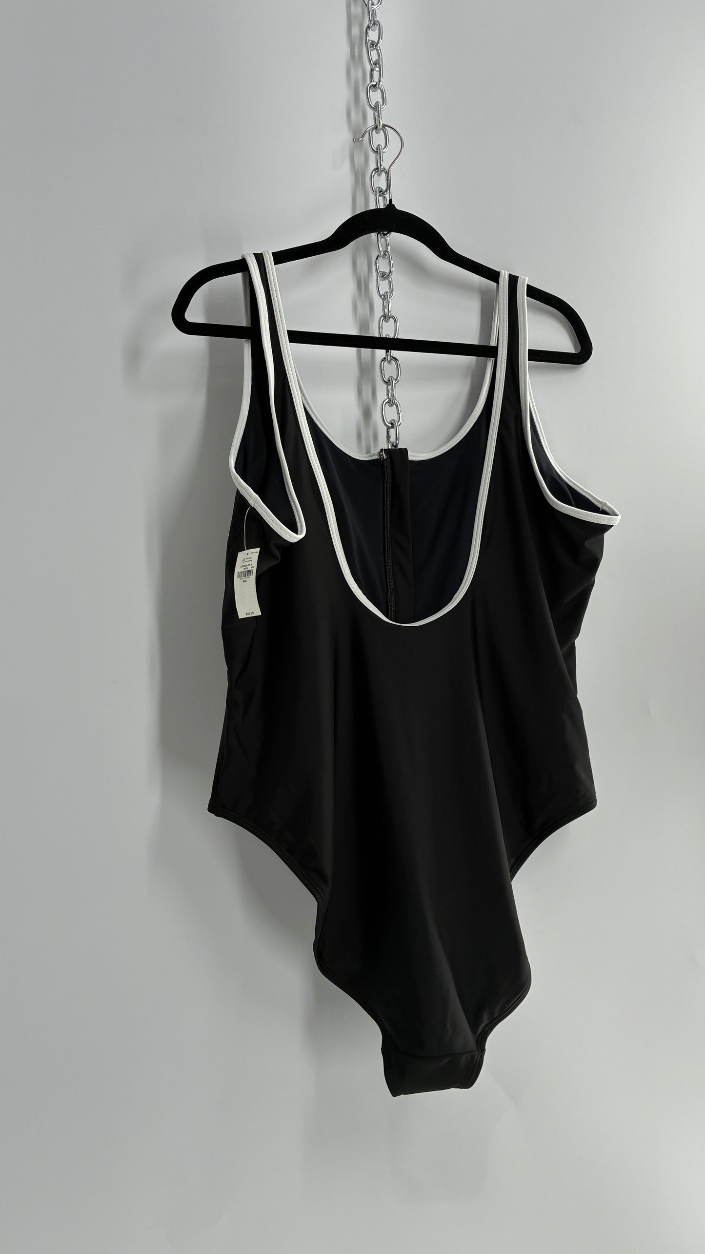 OLD NAVY Black Thick Zip Front Bathing Suit with Contrast White Piping and Tags Attached (XXL)