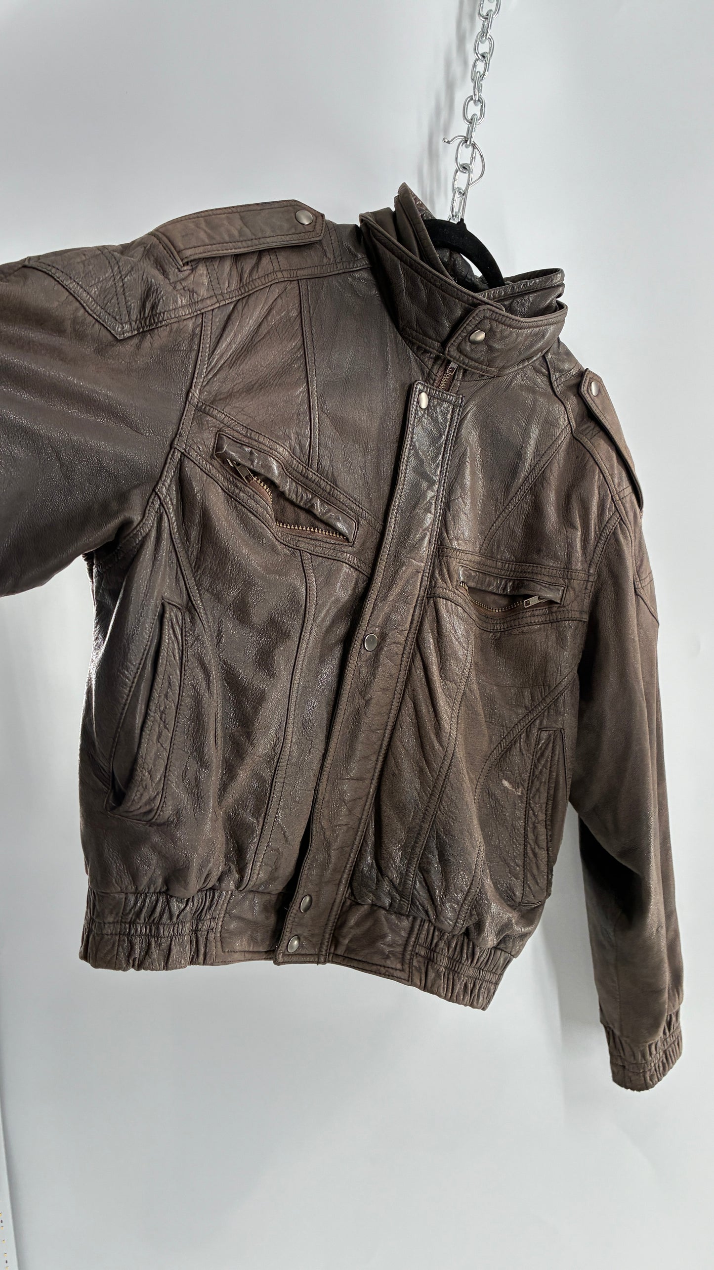 Vintage SAXONY Distressed Leather Bomber Jacket (Medium)