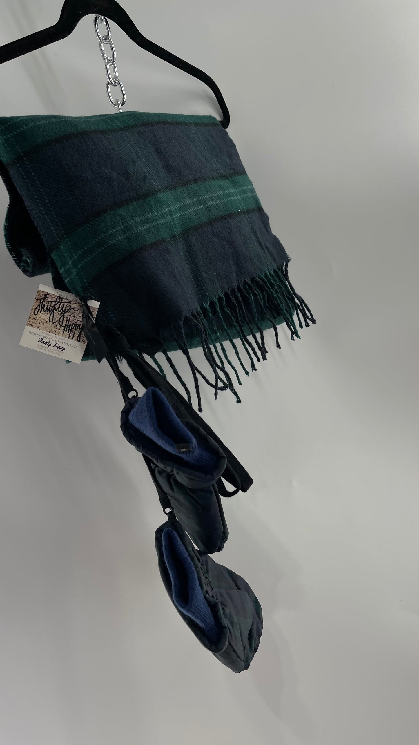 Urban Outfitters Plaid Navy Green Scarf and Matching Glove Set