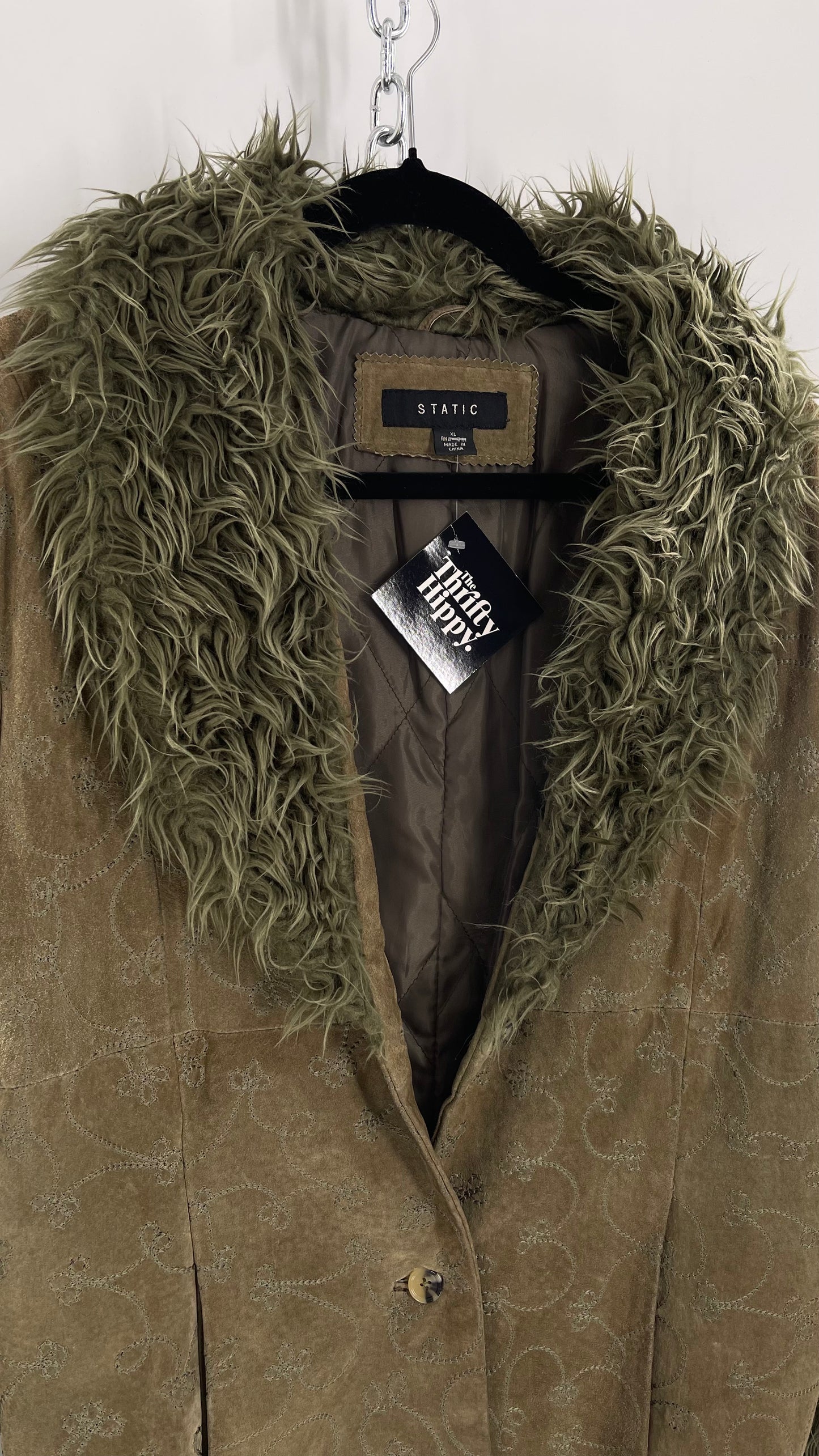 Vintage STATIC Embroidered Genuine Leather Coat with Fur Cuffs and Collar (C) (XL)