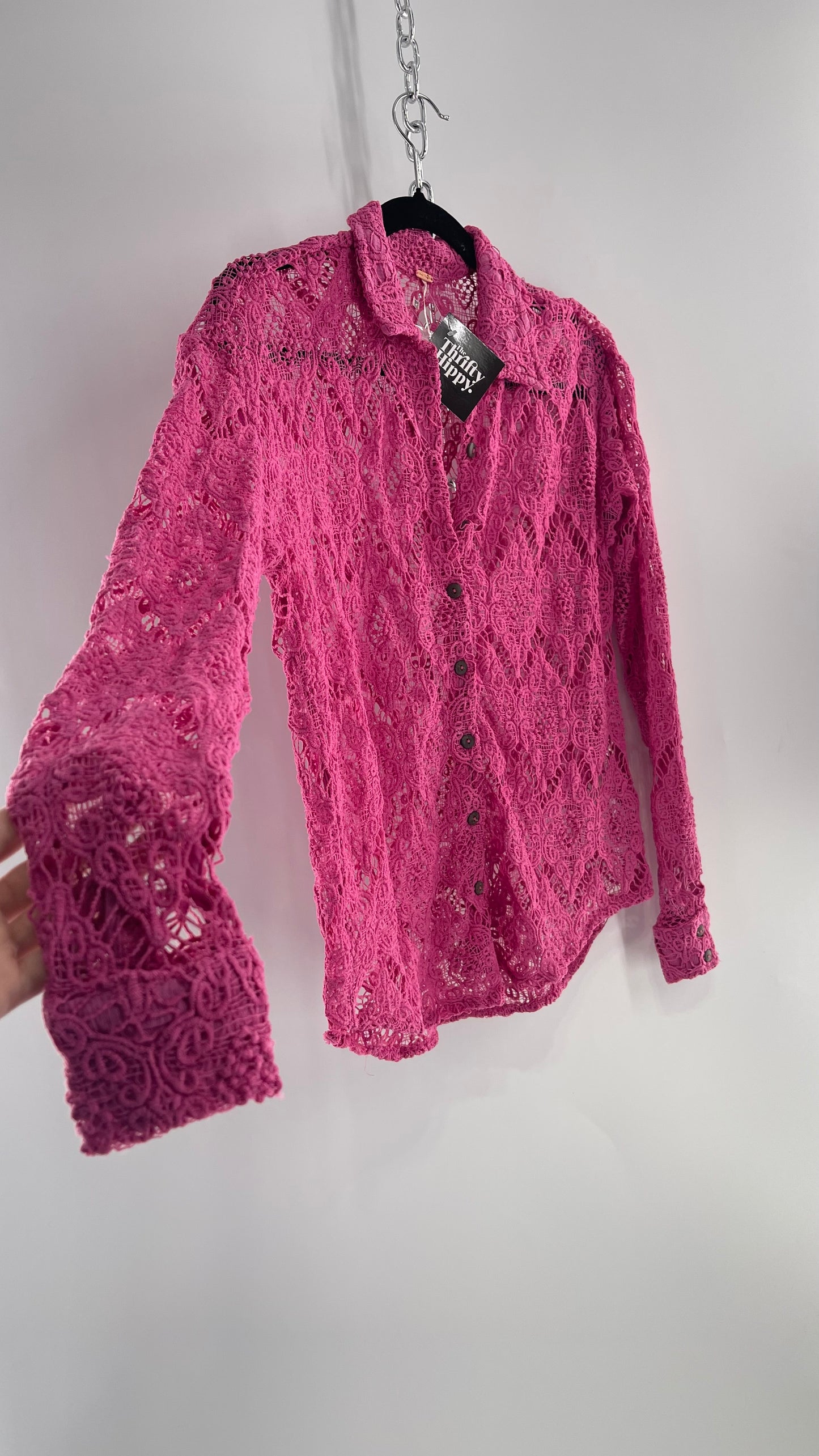 Free People Until Sunday Fuchsia Purple/ Pink Thick Lace Button Front Blouse with Coconut Buttons (XS)