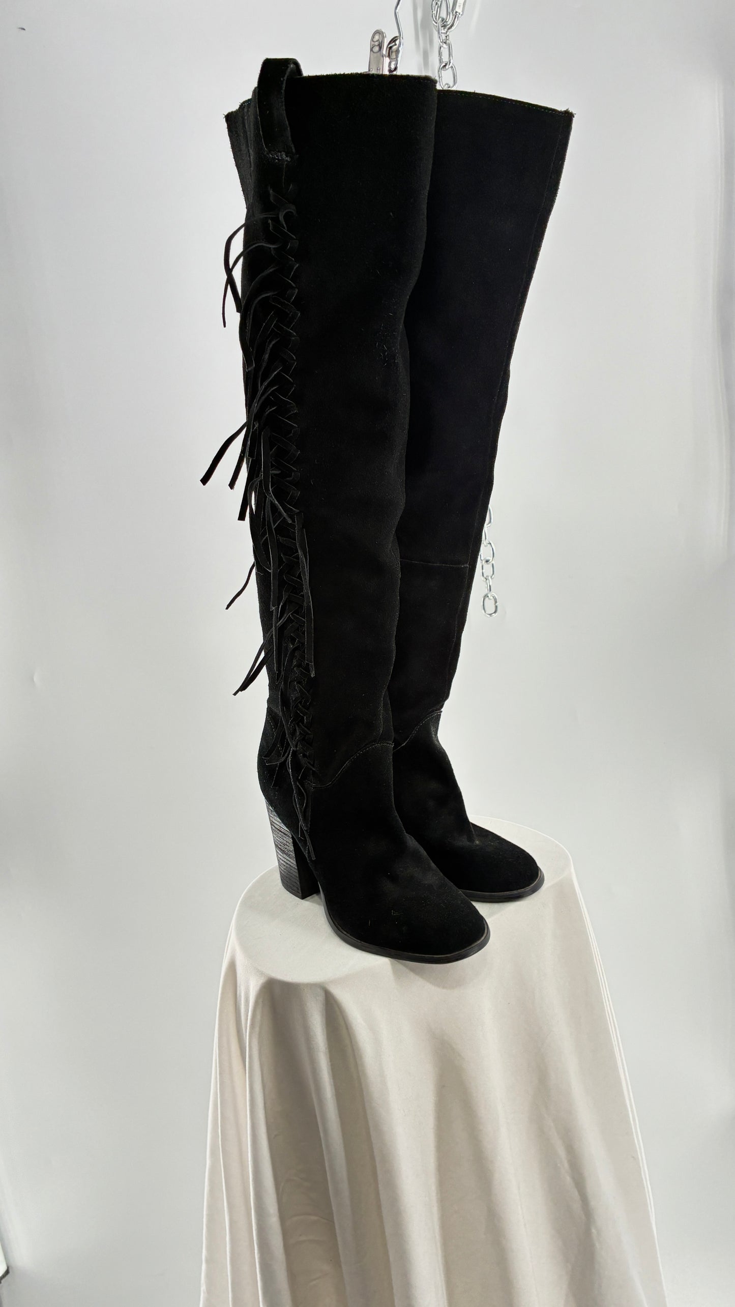 Vintage CARLOS SANTANA Genuine Suede Leather Thigh High Tassel, Fringe Side Boots (7.5)