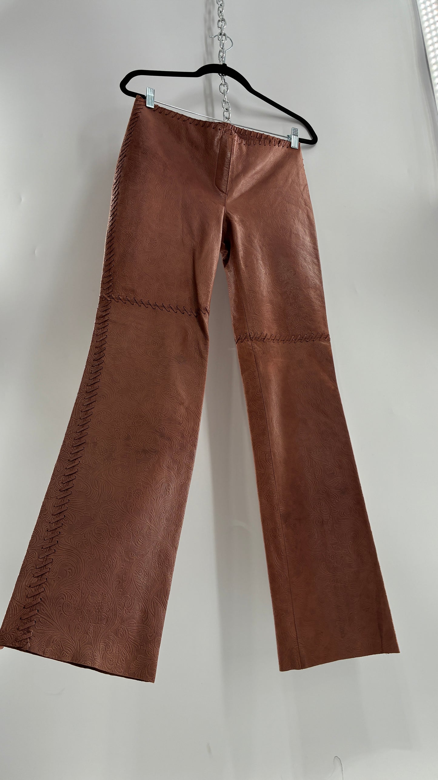Vintage Embossed Paisley Patterned Genuine Leather Pants with Stitching Details (No Label Unbranded, S)