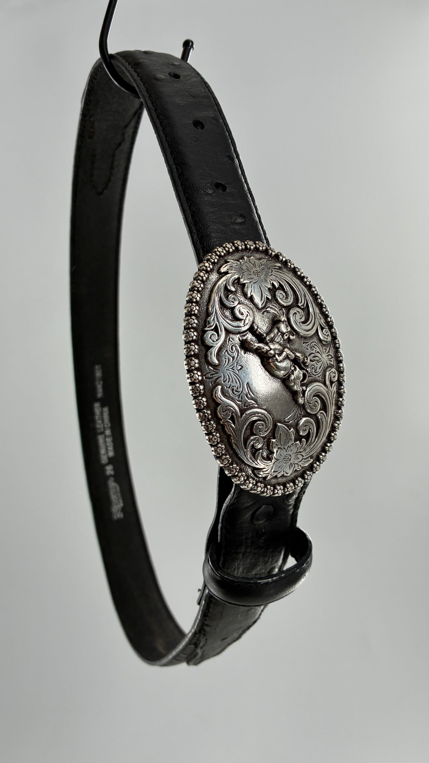 Vintage NOCONA Black Leather Western Style Belt with Oversized Engraved Cowboy Buckle (26)