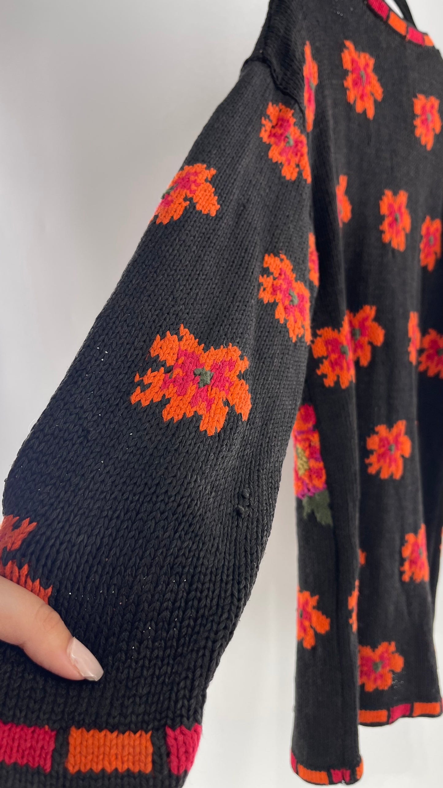 Vintage EXPRESS Black Hand Knit Sweater with Orange and Fuchsia Contrasting Florals (One Size)