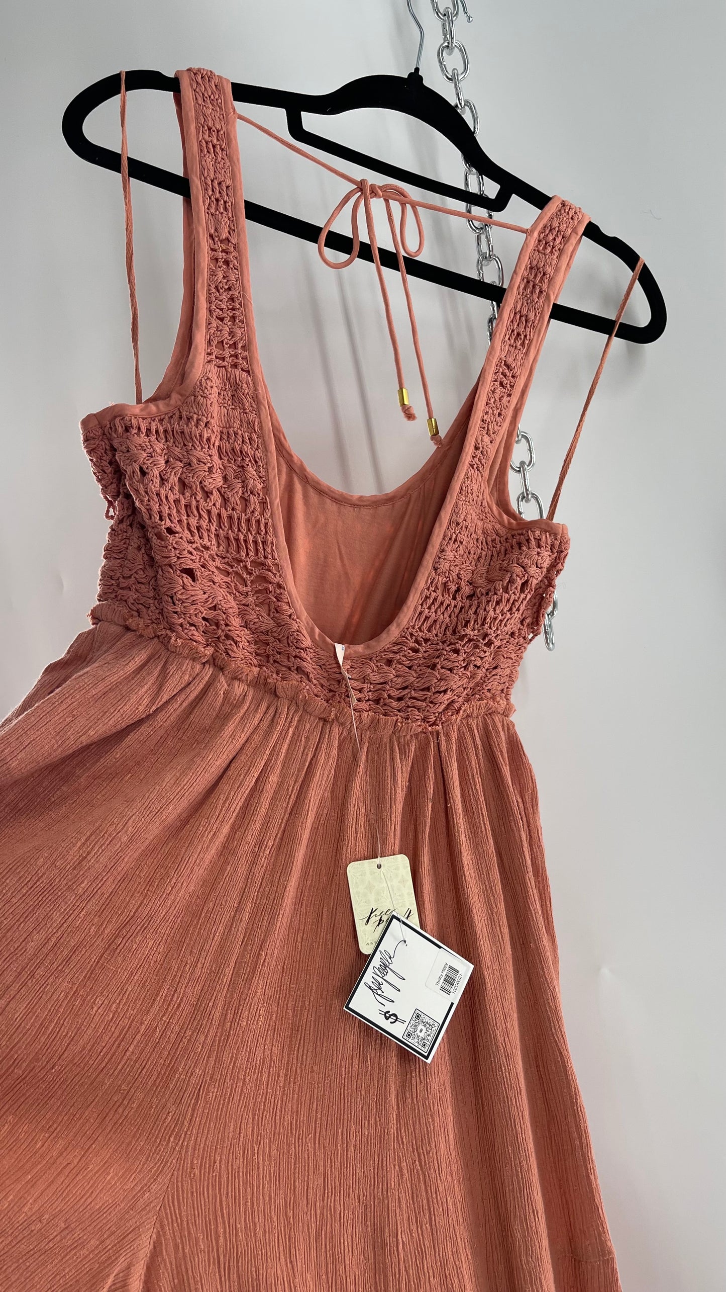 Free People Rose/Peach Pink Wide Leg Jumpsuit with Crochet Bust and Tags Attached (XS)