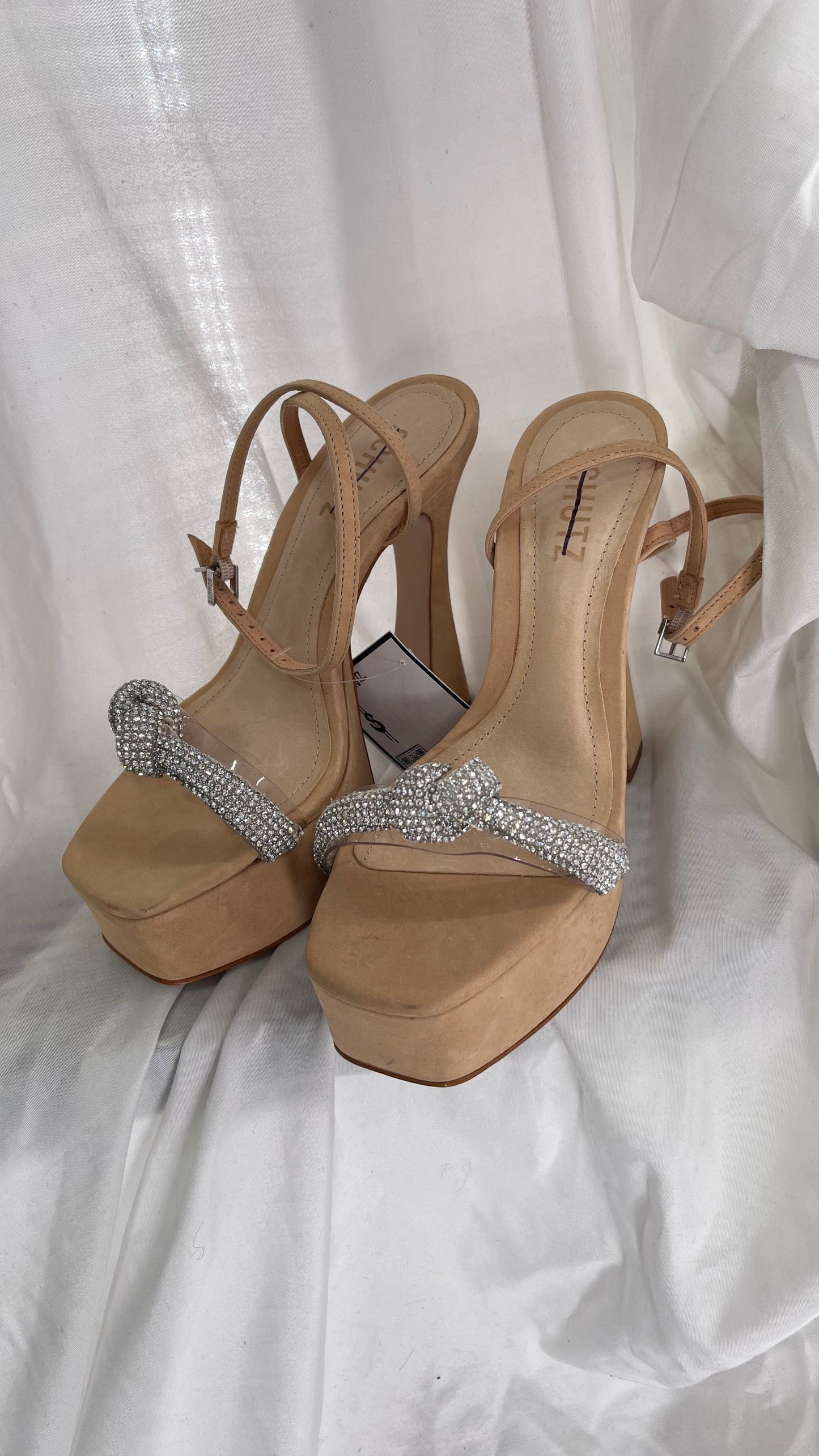 SCHÜTZ Peaky Beige/Tan/Nude Platform Heel with Funky Heel and Clear Knot Rhinestone Toe Strap (6)
