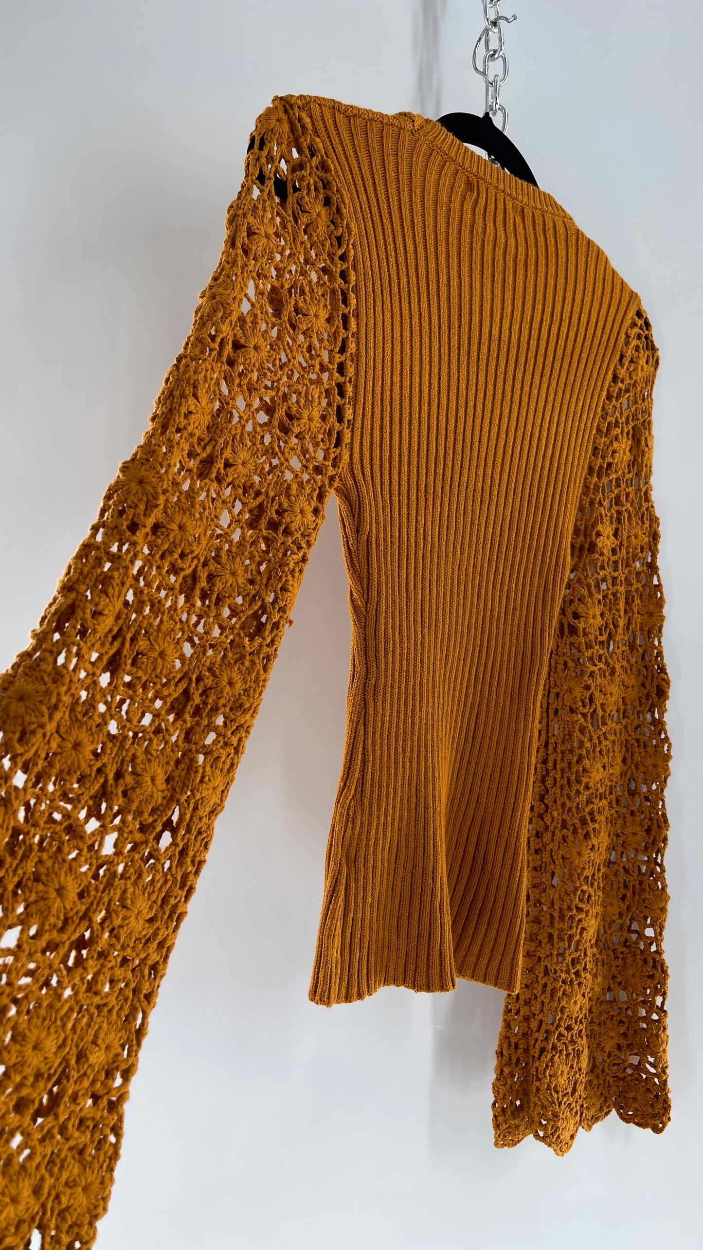 Love Colétte Mustard Sweater with Crochet Bell Sleeve (Large)