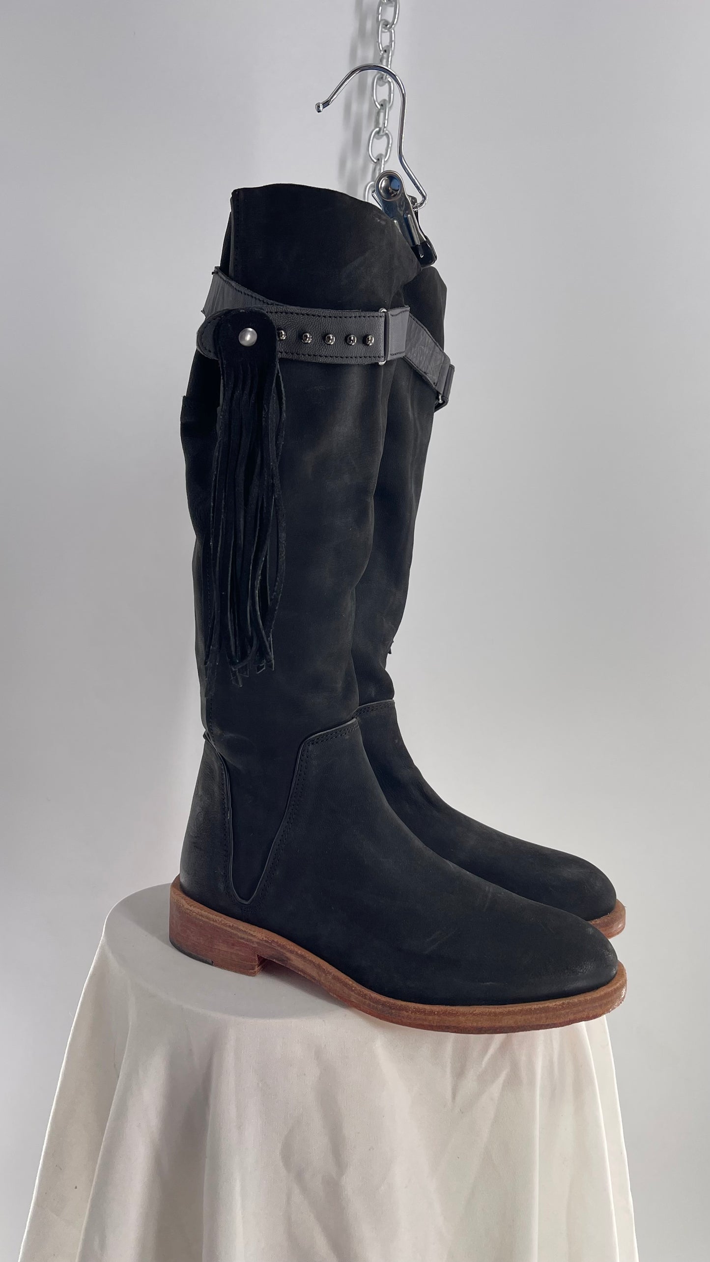 Free People Sayre Banks Slouchy Black Suede Leather Knee High Tassel Side Buckle Boot (38)
