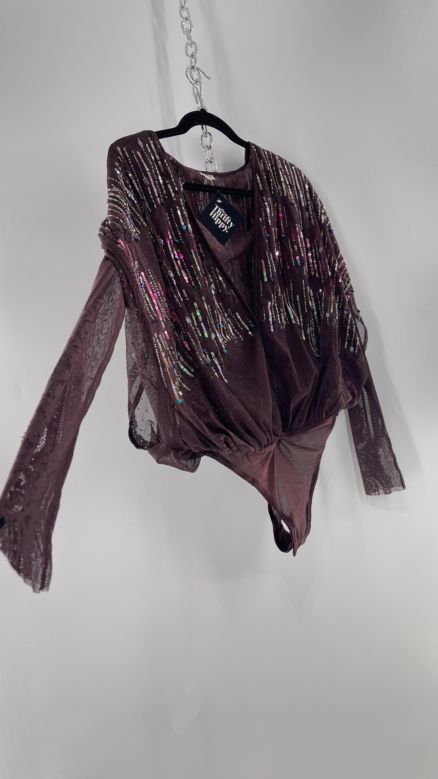 Intimately Free People Plum Mesh Bodysuit with Lace Sleeves and Beaded/Sequined/Embellished Body (Medium)