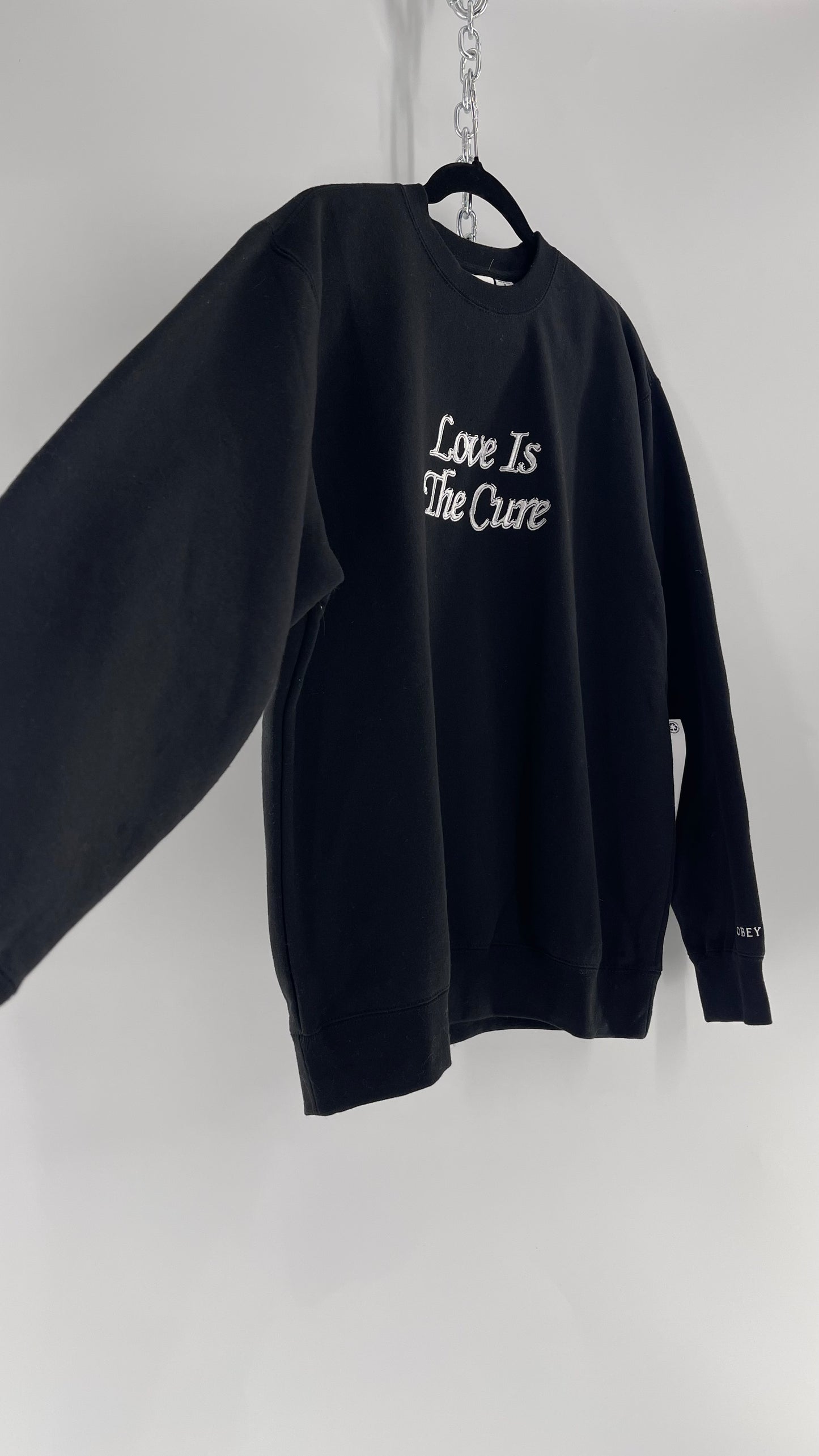 OBEY Black All Over Embroidered Love is The Cure Crewneck with Tags (Medium)
