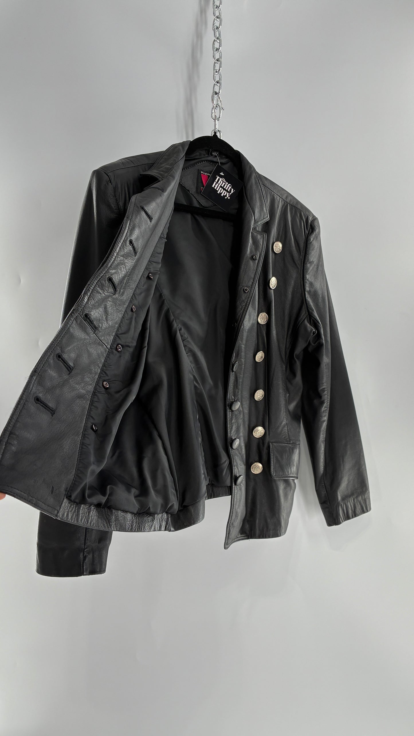 Vintage Virginia Slims Black Genuine Leather Military Jacket with Double Breasted Embossed Buttons (Large)