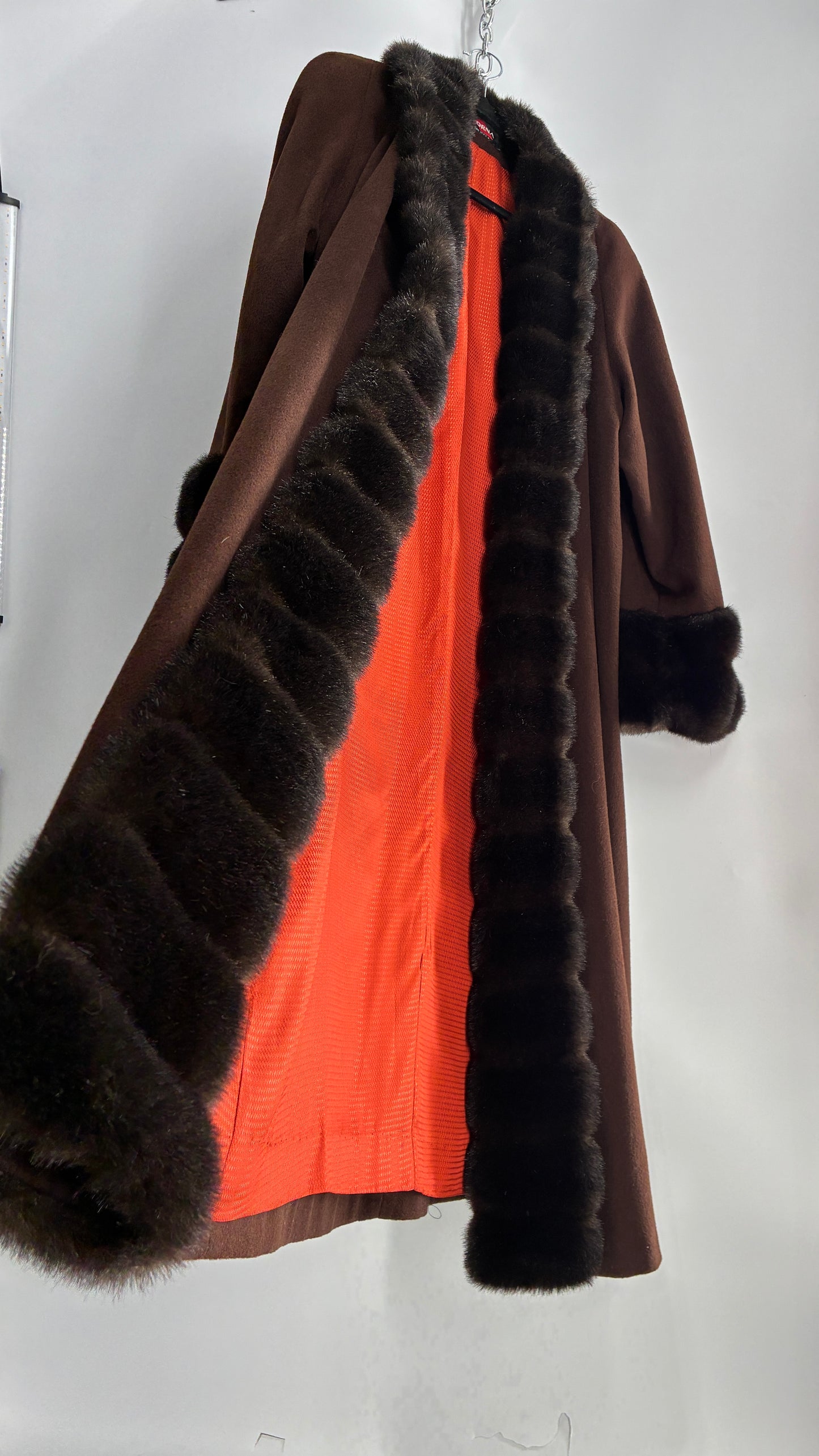 Vintage ALORNA Brown 75% Wool Duster, Full Length Coat with Vegan Fur Pom Pom Trim (12)