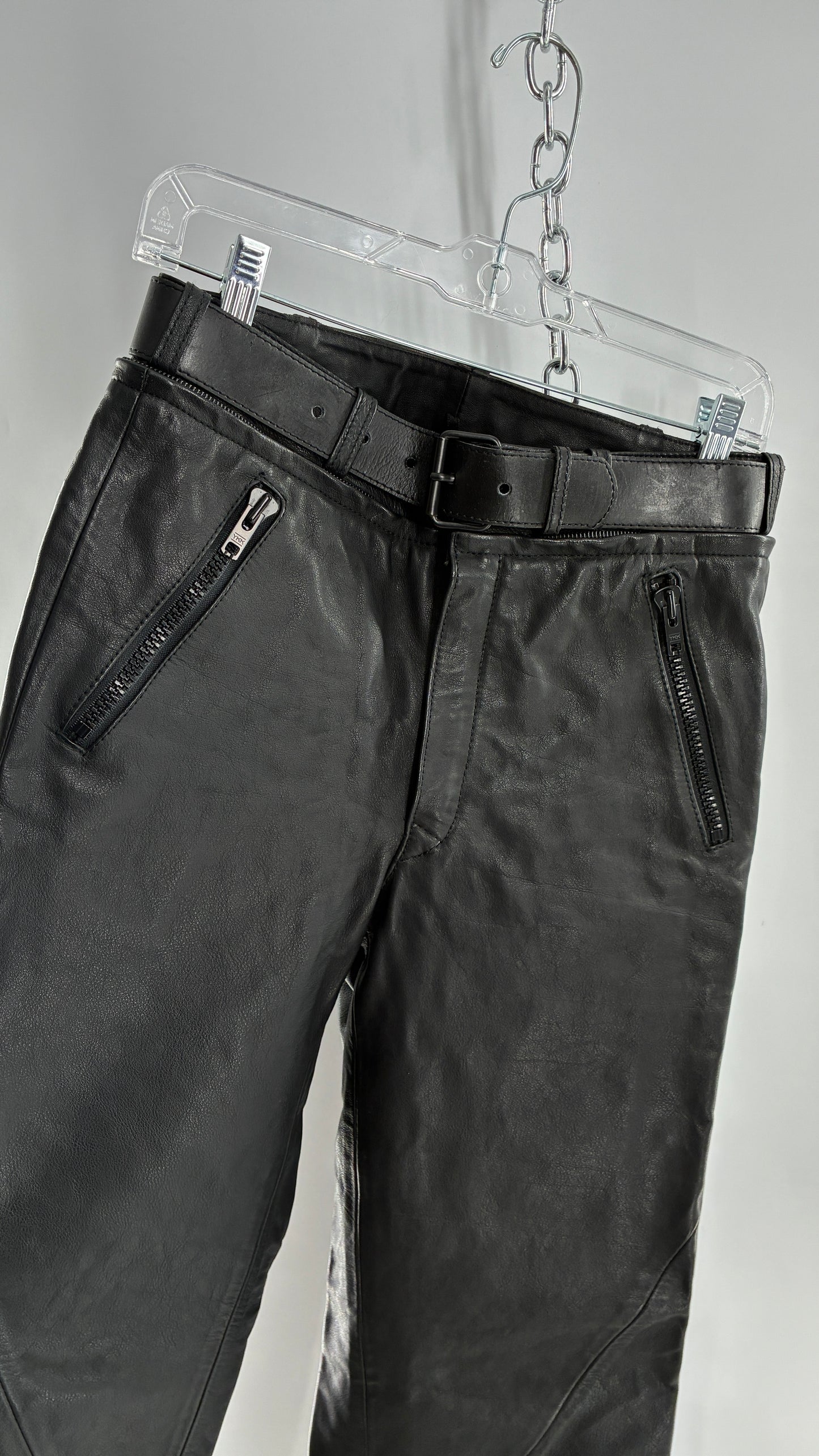 Vintage Black Italian Leather Motorcycyle Pants with Built In Belt and Zipper Detailing (XS)