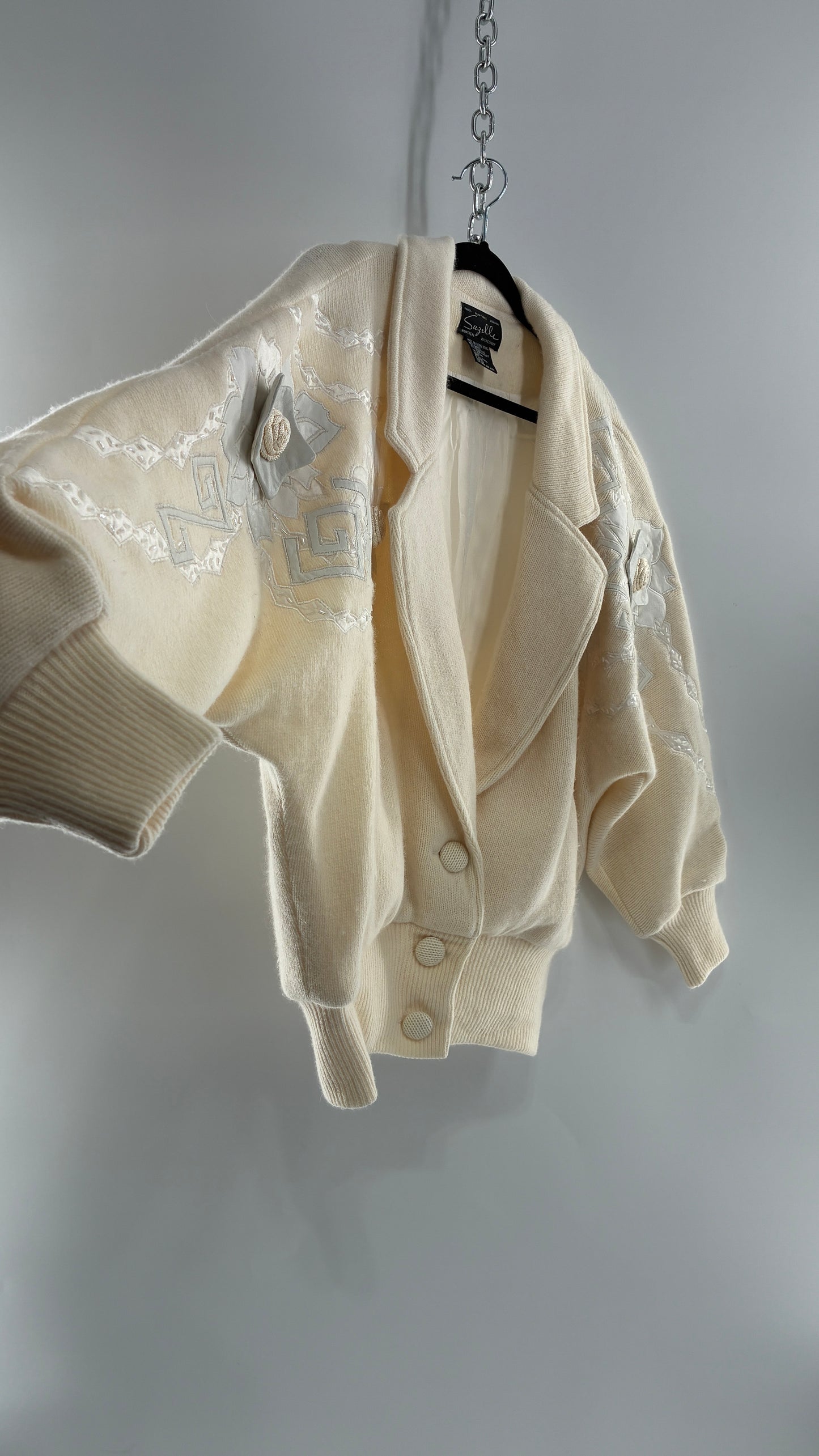 Vintage SUZELLE 70% Lambswool, 20% Angora Rabbit Off White Woven Bomber Jacket with Leather Flower Appliqués (Medium)