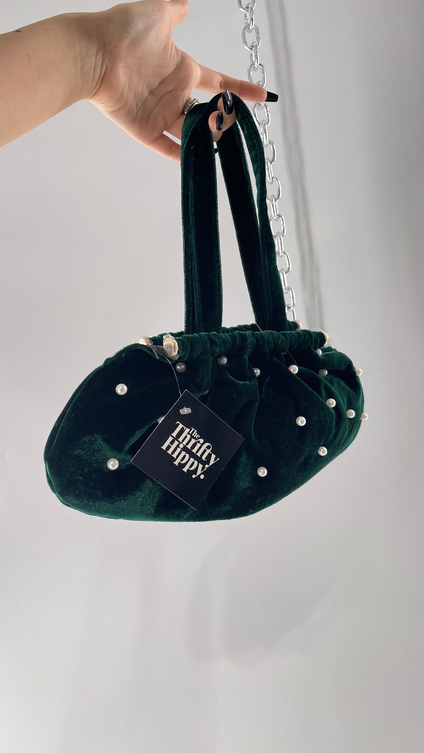 Vintage Deep Green Velvet Purse Covered in Pearls, and Featuring Gold Metal Closure Still Lined in Protective Plastic