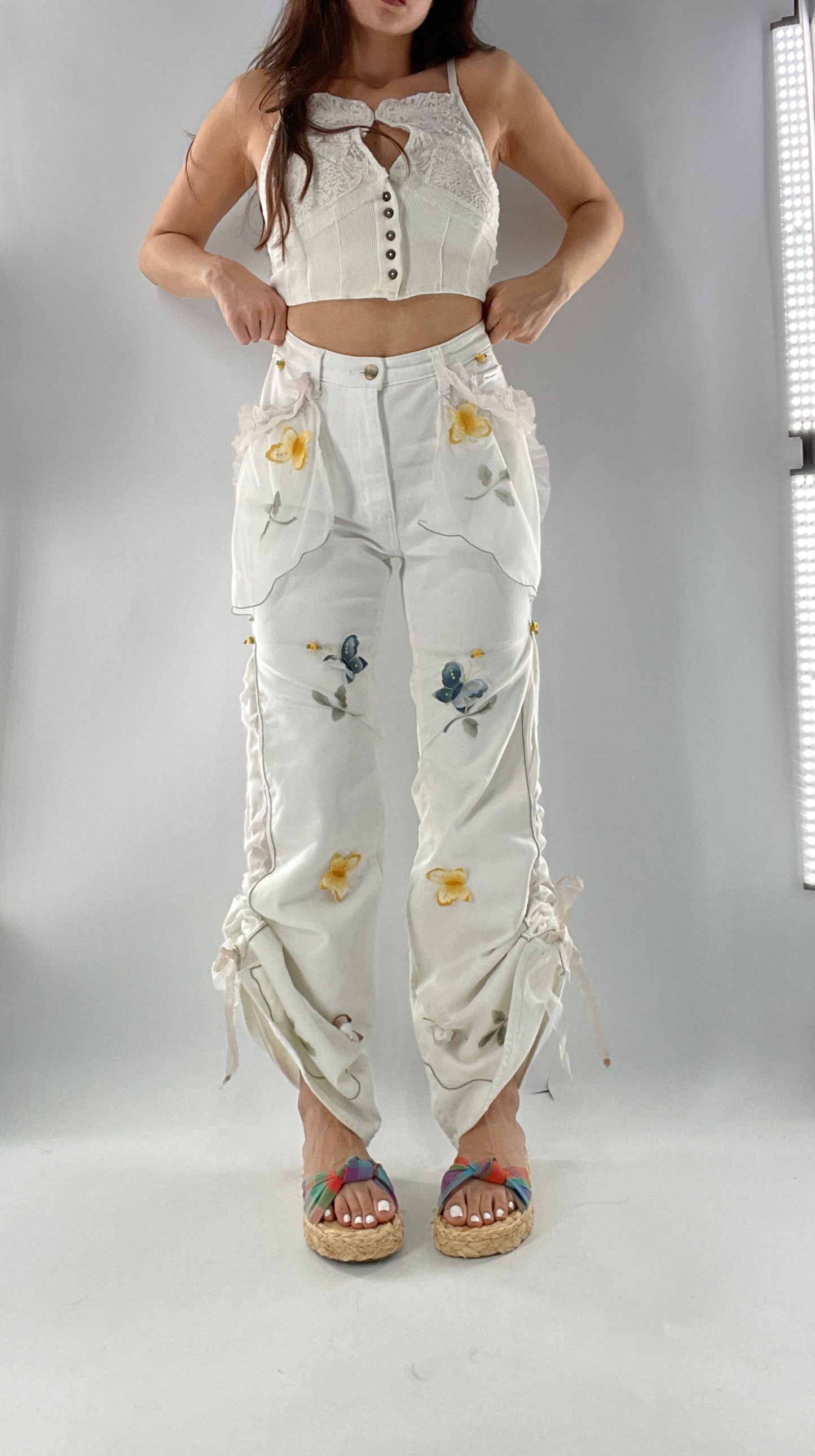 Remade Upcycled Lee White Jeans with Drawstring Adjustable Length, Lace Trim Pockets, Embroidery and Appliqué Details (27)