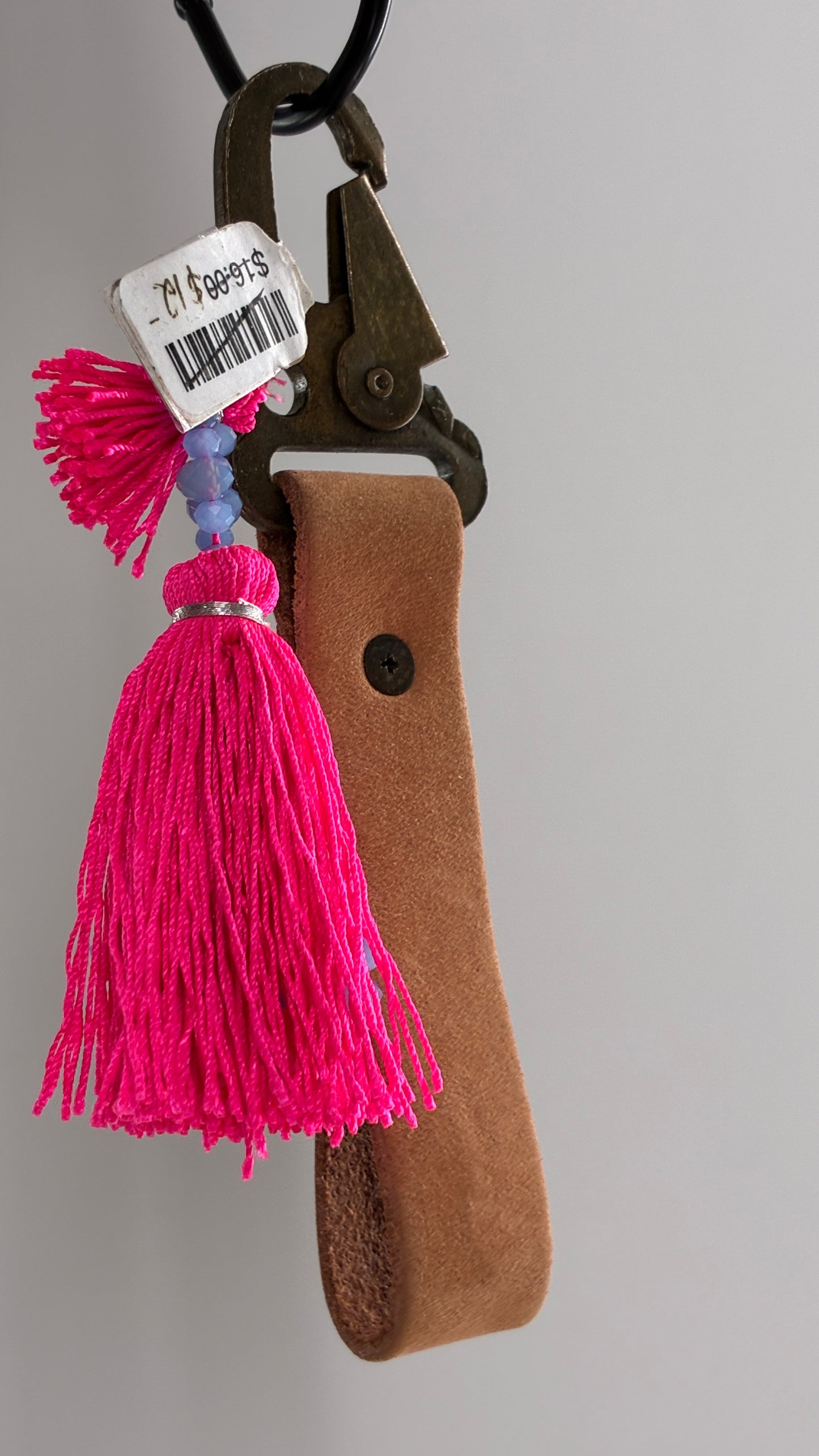 Free People Leather Wristlet Keychain with Neon Pink Beaded Tassel